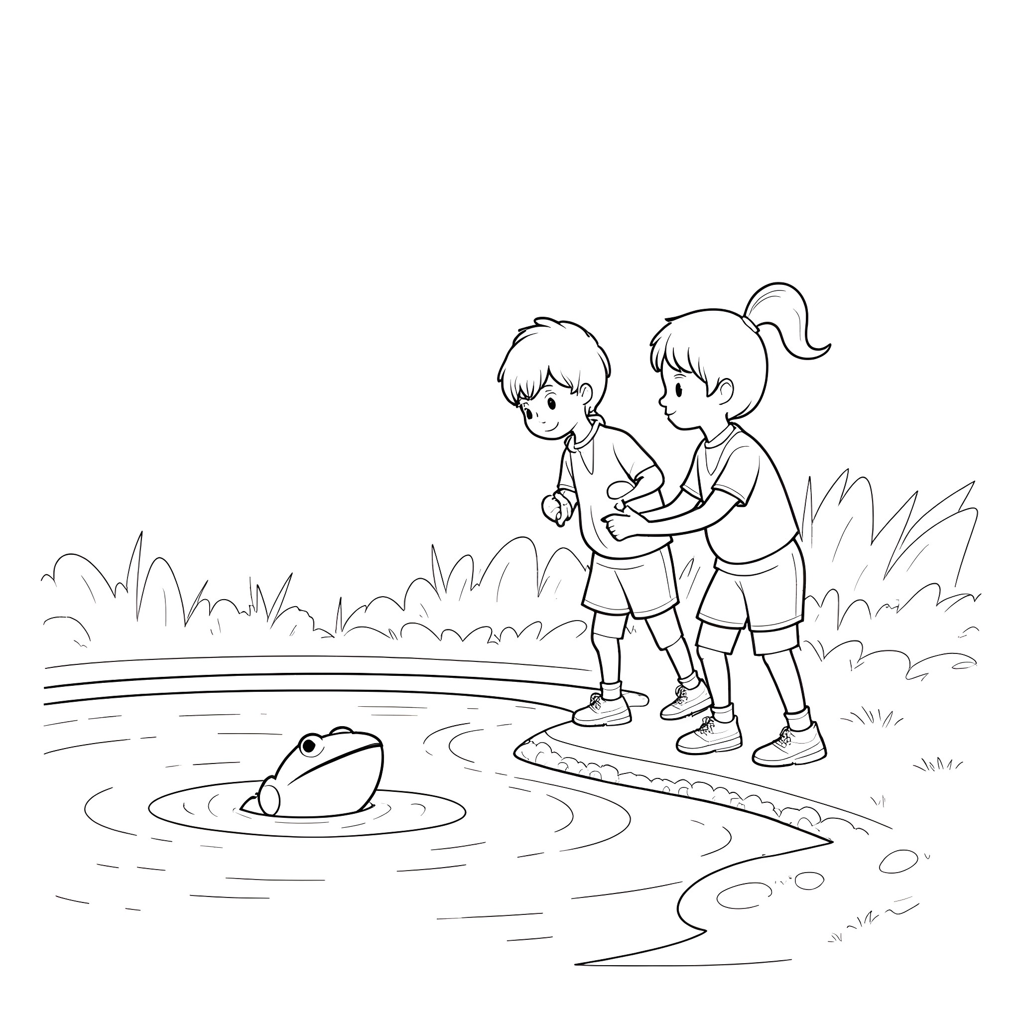 Kid Catching Frog in Pond Coloring Page (free black-and-white line drawing printable PDF for all, from beginners to advanced learners, including children, teens, adults, and seniors)