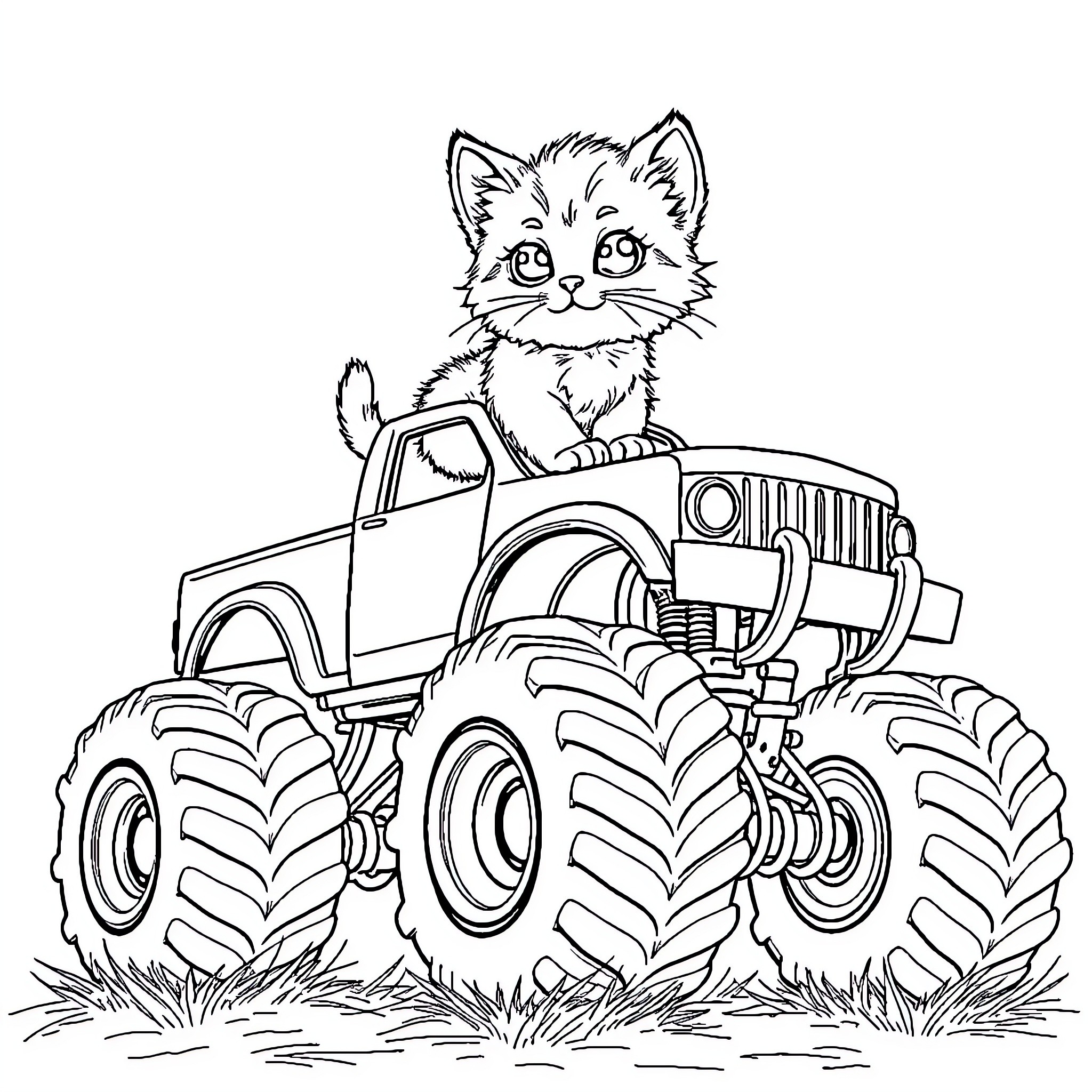 Monster Truck with Playful Kitten Driver Coloring Page (free black-and-white line drawing printable PDF for all, from beginners to advanced learners, including children, teens, adults, and seniors)