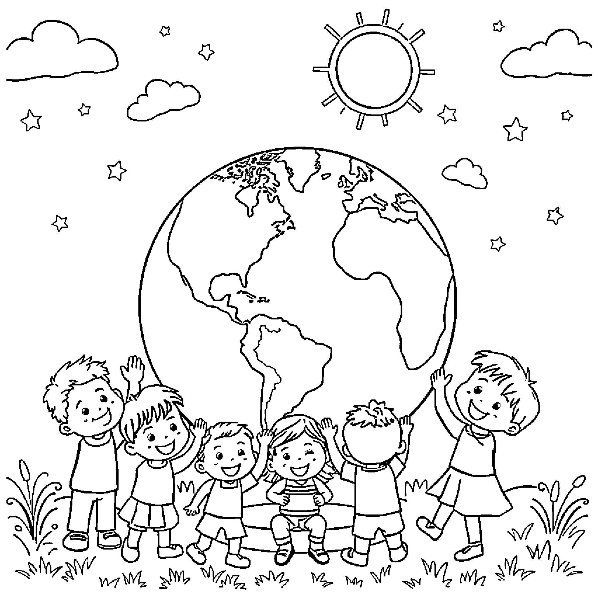Globe children playing happily in nature Coloring Page (free black-and-white line drawing printable PDF for all, from beginners to advanced learners, including children, teens, adults, and seniors)
