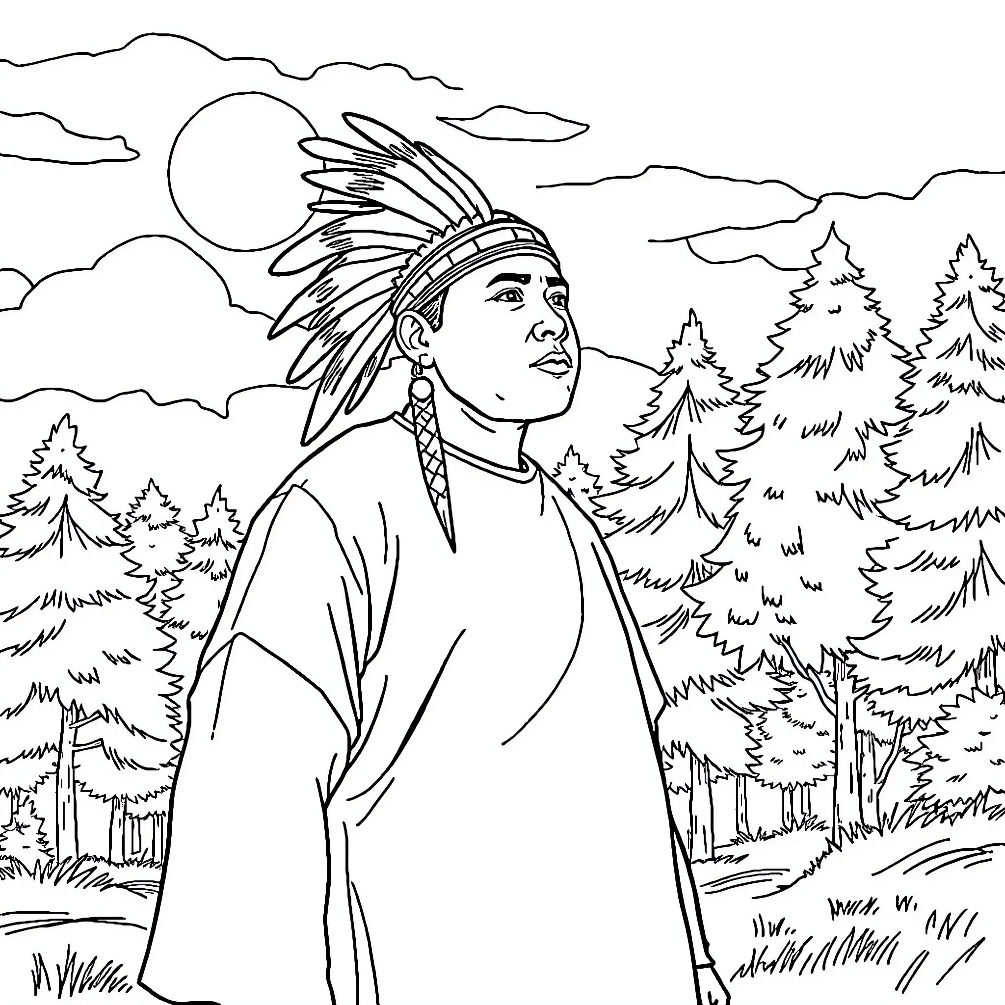 Inuk in traditional garb amid natural landscape Coloring Page (free black-and-white line drawing printable PDF for all, from beginners to advanced learners, including children, teens, adults, and seniors)