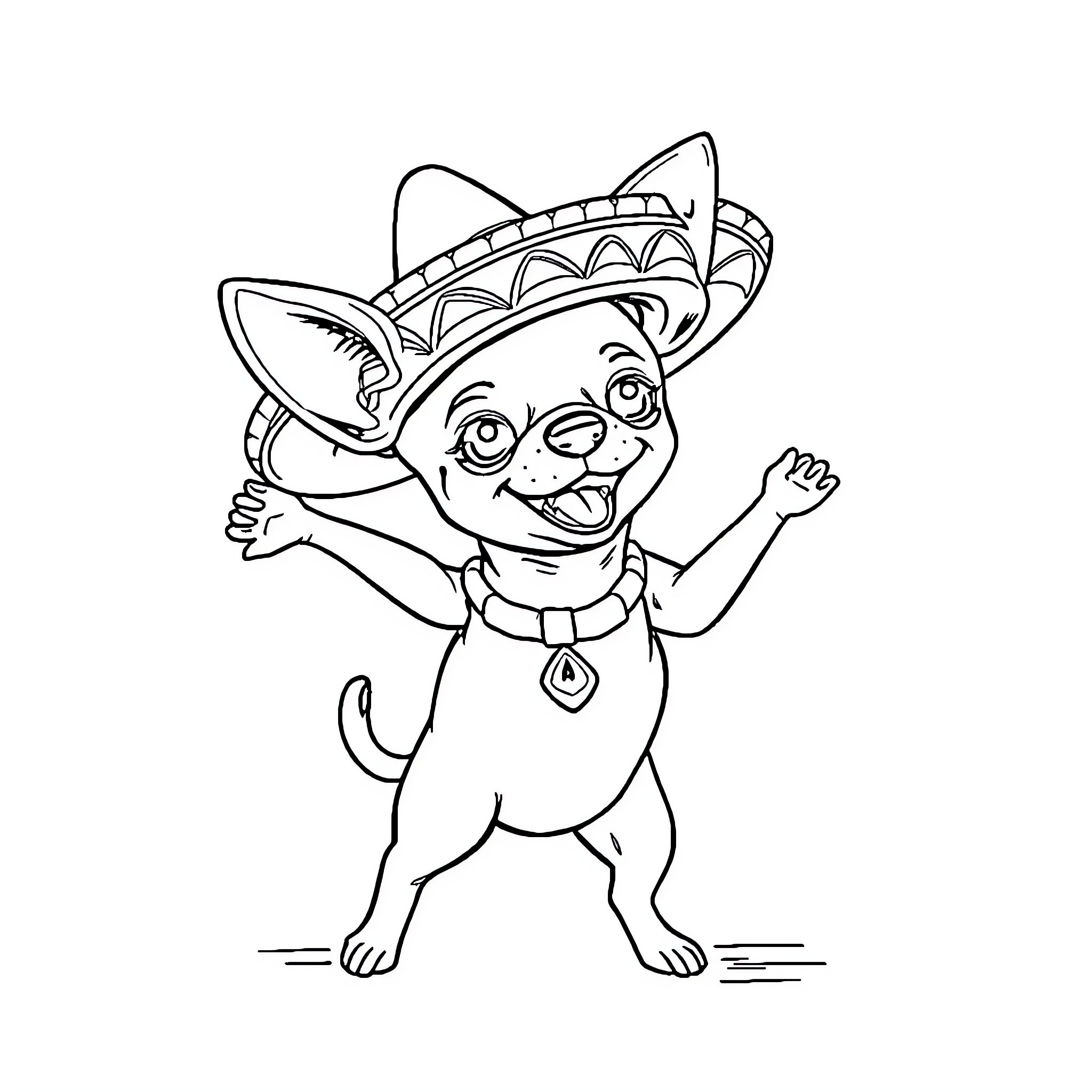 Chihuahua wearing a sombrero and celebrating Coloring Page (free black-and-white line drawing printable PDF for all, from beginners to advanced learners, including children, teens, adults, and seniors)