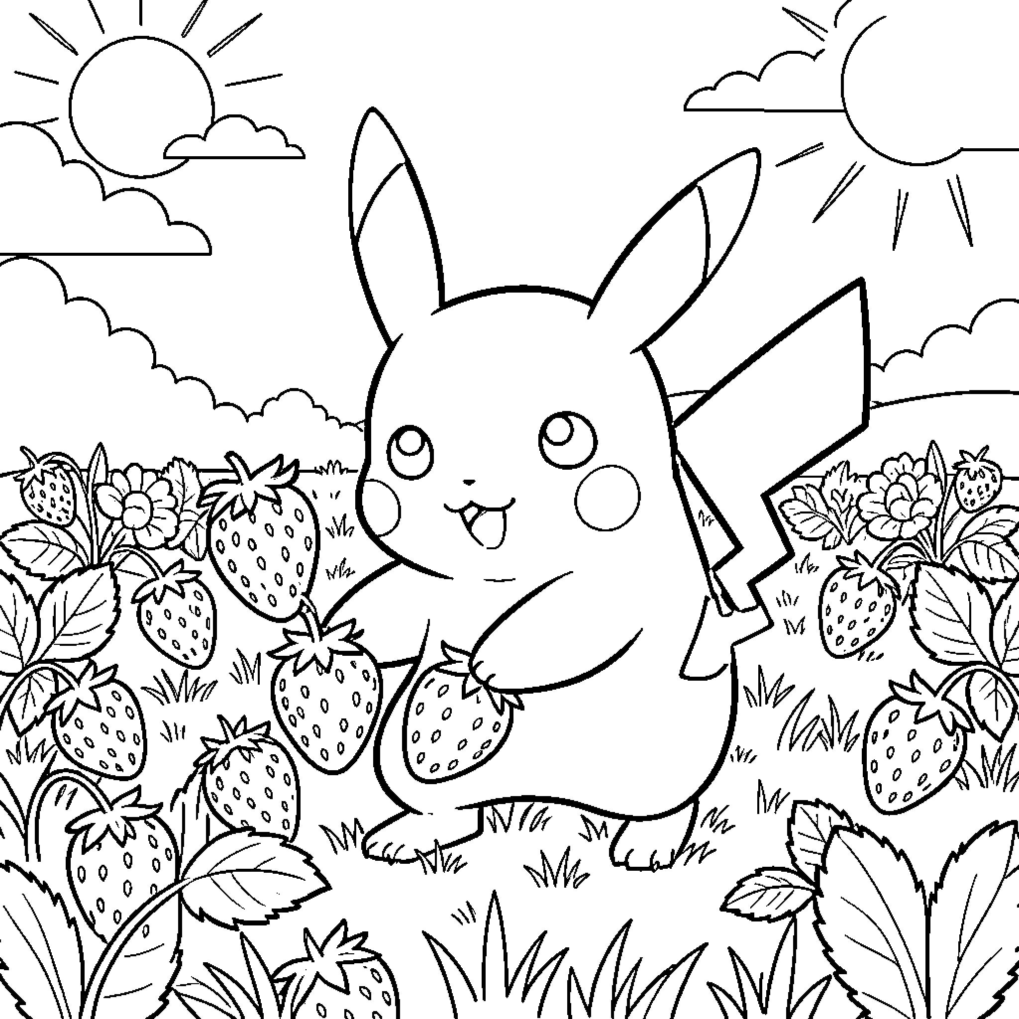 Pikachu happily picking strawberries in a sunny field Coloring Page (free black-and-white line drawing printable PDF for all, from beginners to advanced learners, including children, teens, adults, and seniors)