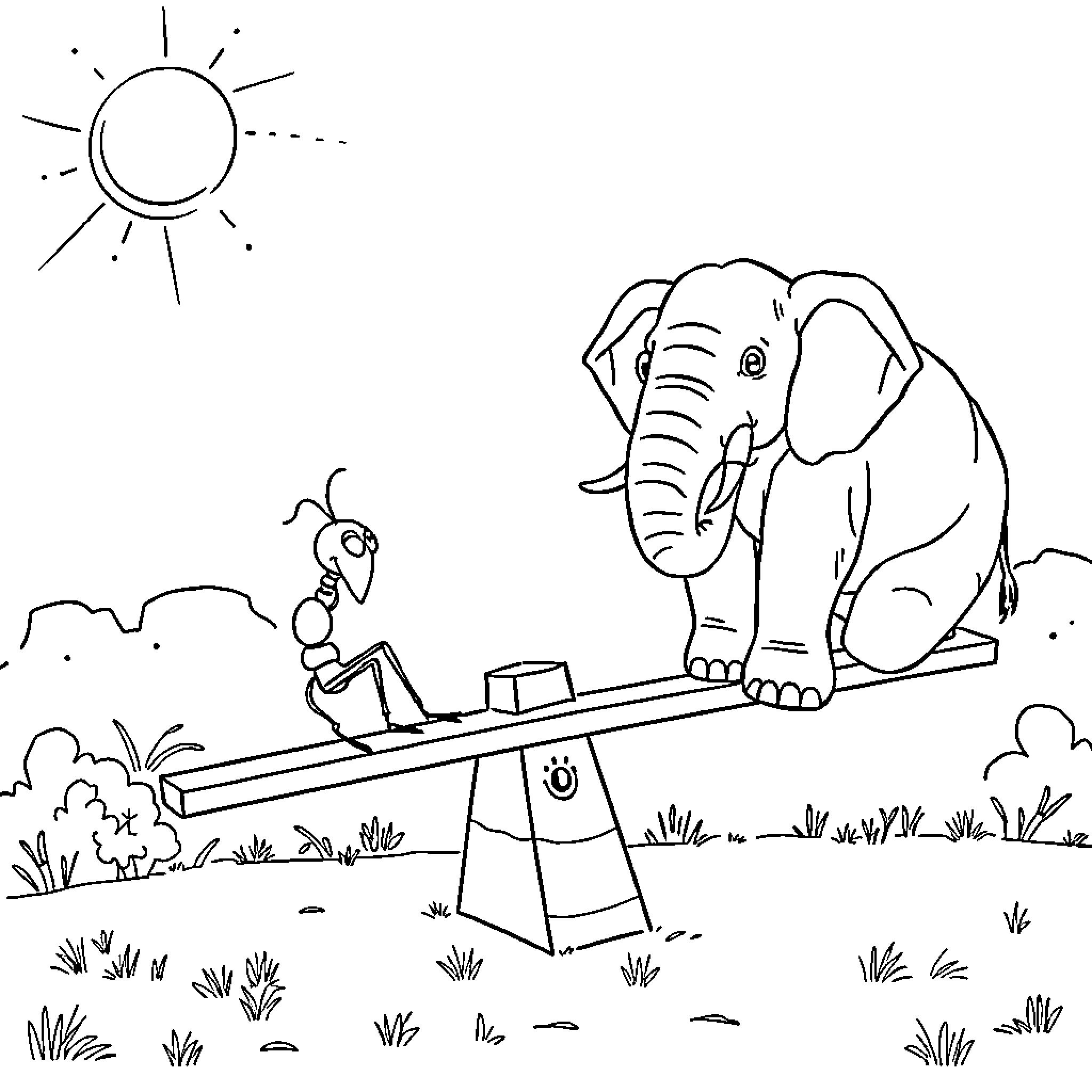 Ant and elephant playing on seesaw in nature Coloring Page (free black-and-white line drawing printable PDF for all, from beginners to advanced learners, including children, teens, adults, and seniors)