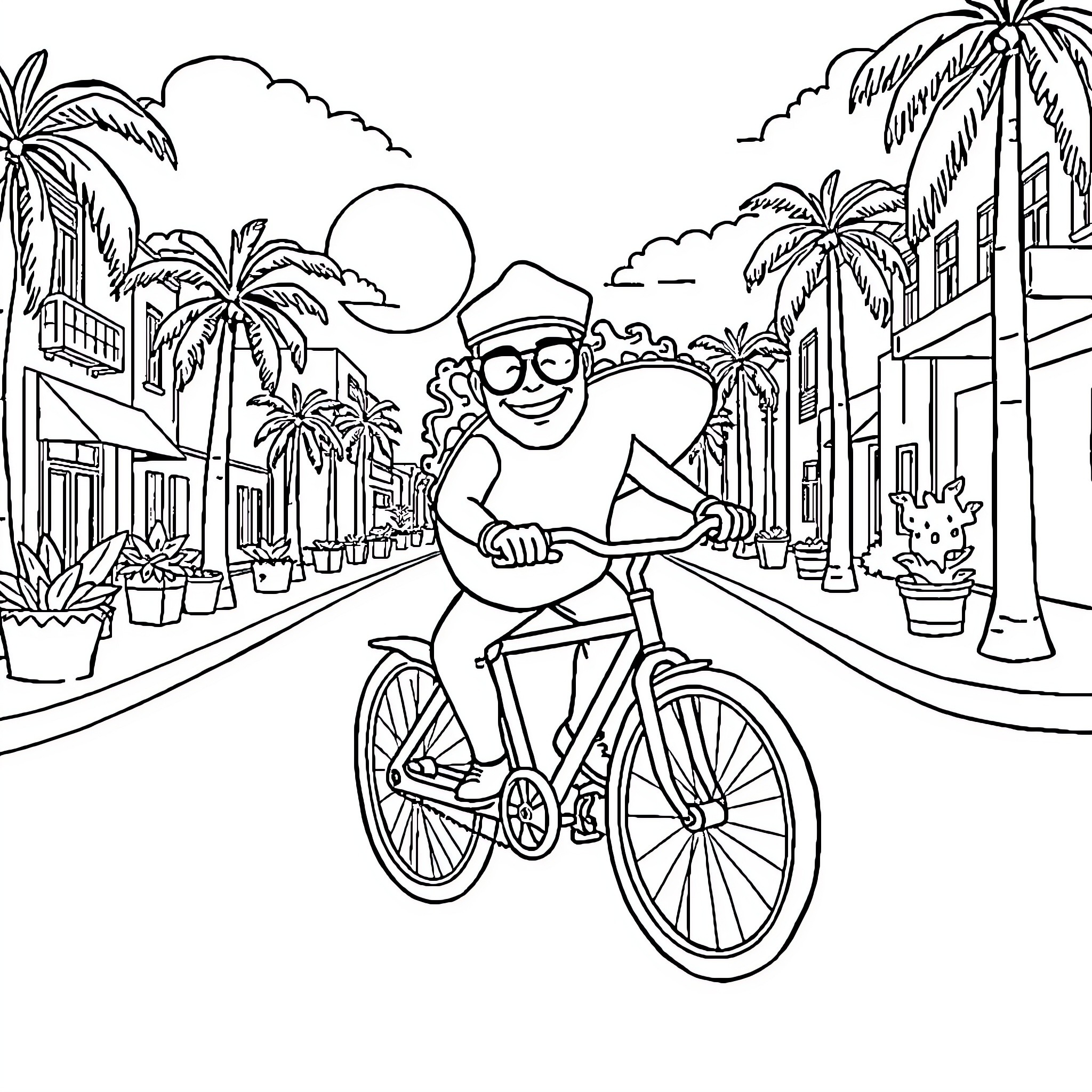 Taco Ride Through Tropical Town Coloring Page (free black-and-white line drawing printable PDF for all, from beginners to advanced learners, including children, teens, adults, and seniors)