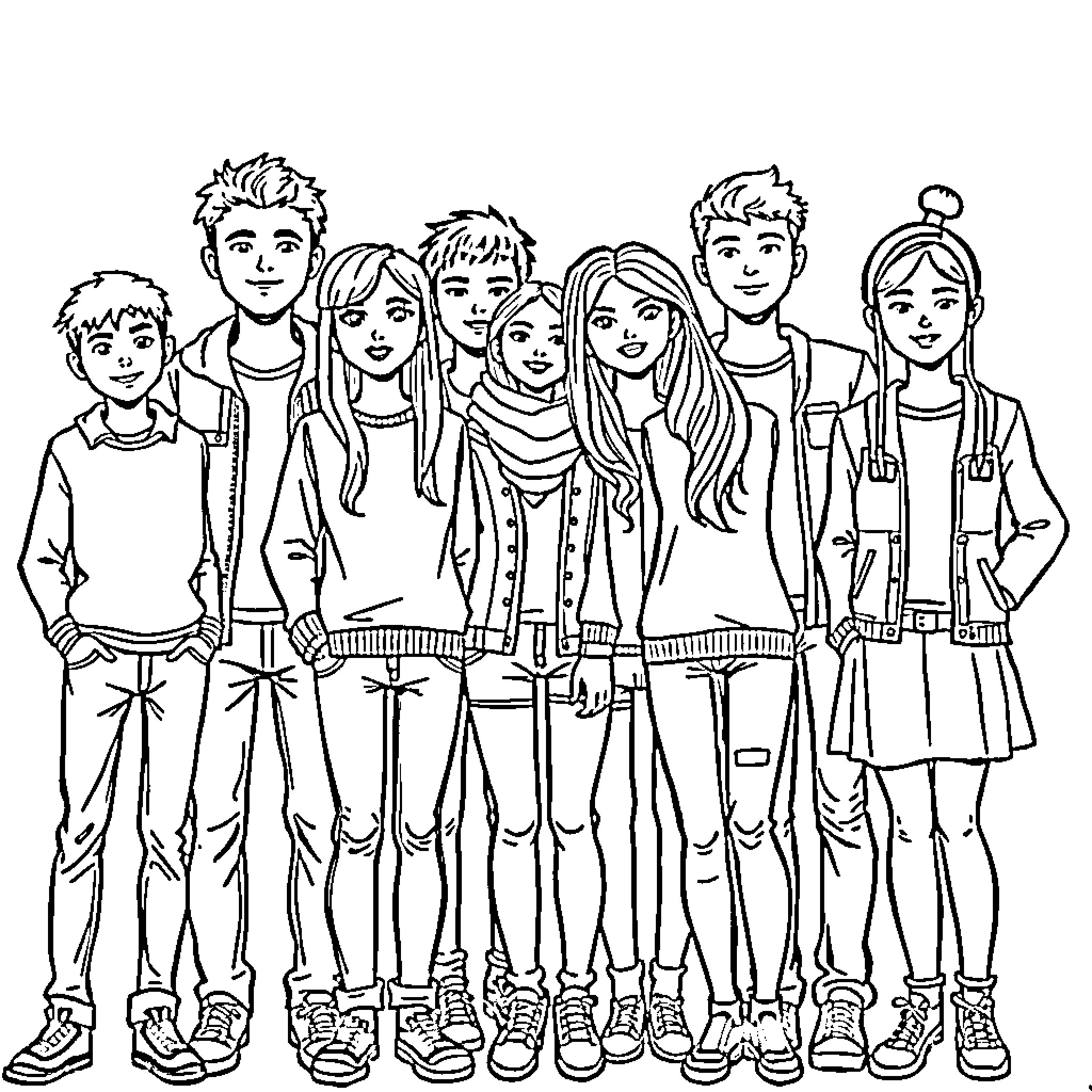 Teenager group portrait with casual outfits Coloring Page (free black-and-white line drawing printable PDF for all, from beginners to advanced learners, including children, teens, adults, and seniors)