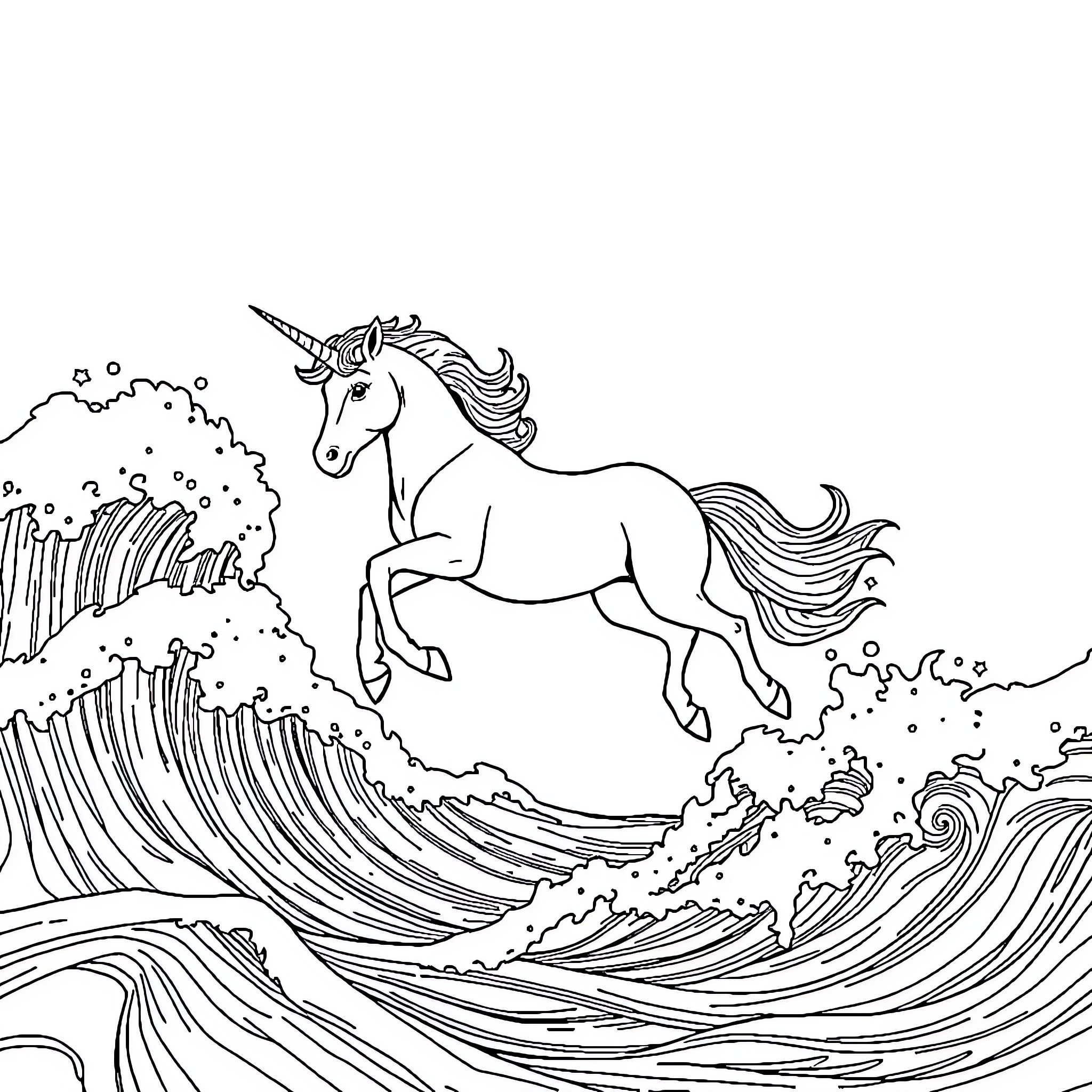 Unicorn riding the waves amidst a stormy sea Coloring Page (free black-and-white line drawing printable PDF for all, from beginners to advanced learners, including children, teens, adults, and seniors)