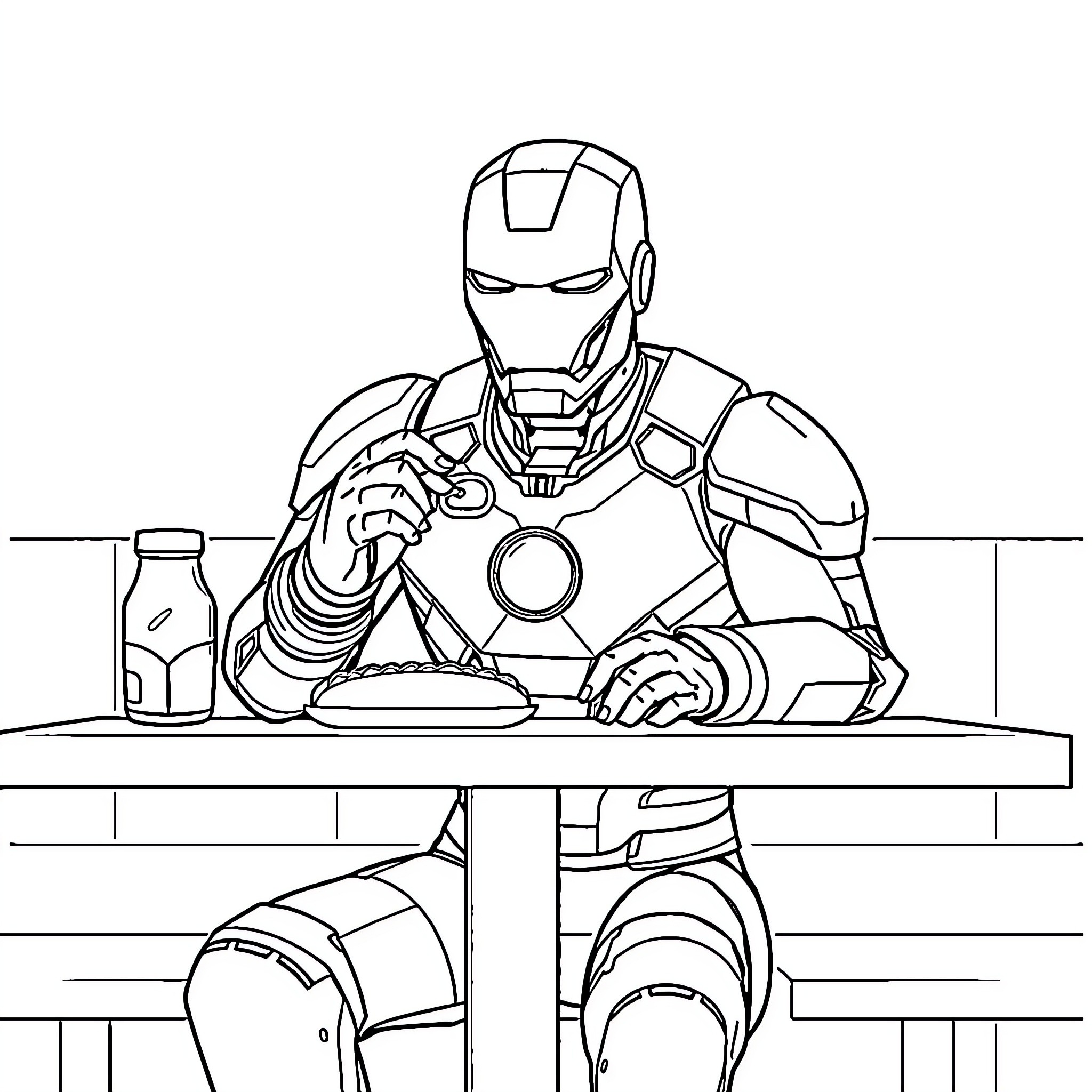 Ironman Preparing for an Upcoming Mission Coloring Page (free black-and-white line drawing printable PDF for all, from beginners to advanced learners, including children, teens, adults, and seniors)