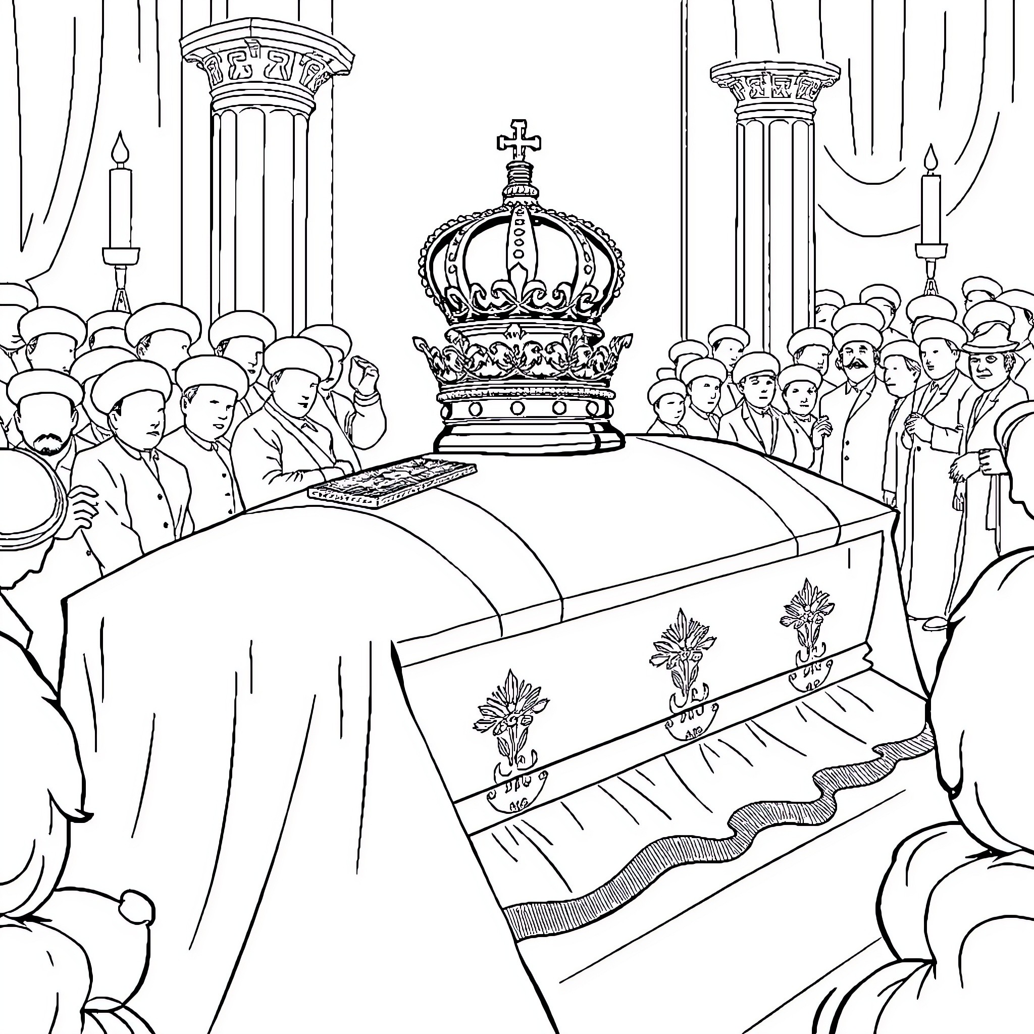 King's Solemn Funeral Ceremony with Mourners Coloring Page (free black-and-white line drawing printable PDF for all, from beginners to advanced learners, including children, teens, adults, and seniors)