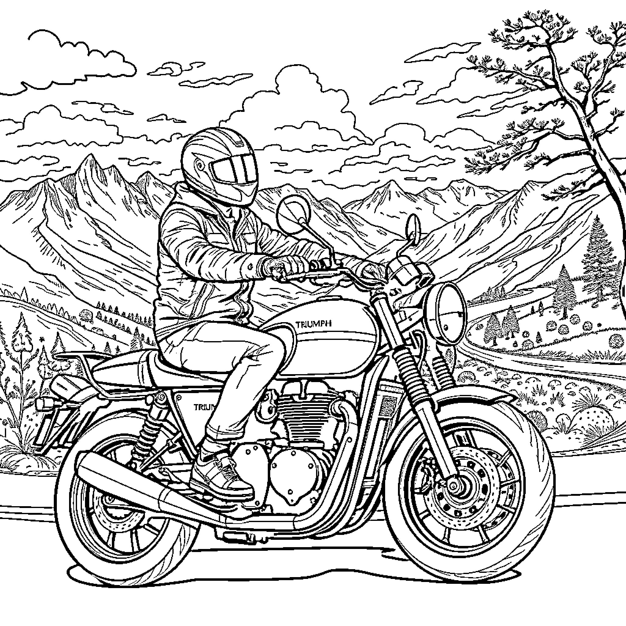 Motorcycle rider exploring scenic mountain landscape Coloring Page (free black-and-white line drawing printable PDF for all, from beginners to advanced learners, including children, teens, adults, and seniors)