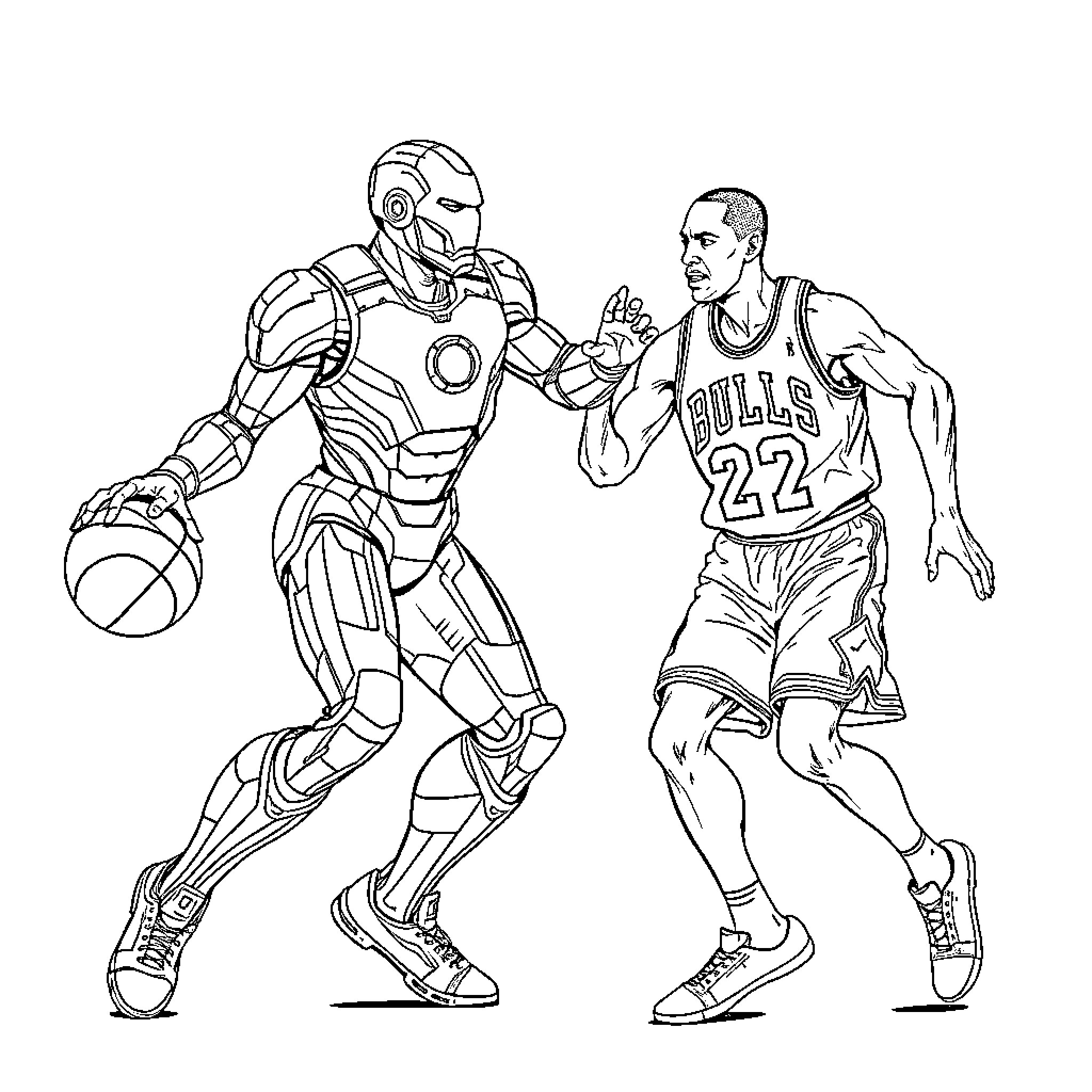Iron Man Basketball Showdown with NBA Player Coloring Page (free black-and-white line drawing printable PDF for all, from beginners to advanced learners, including children, teens, adults, and seniors)