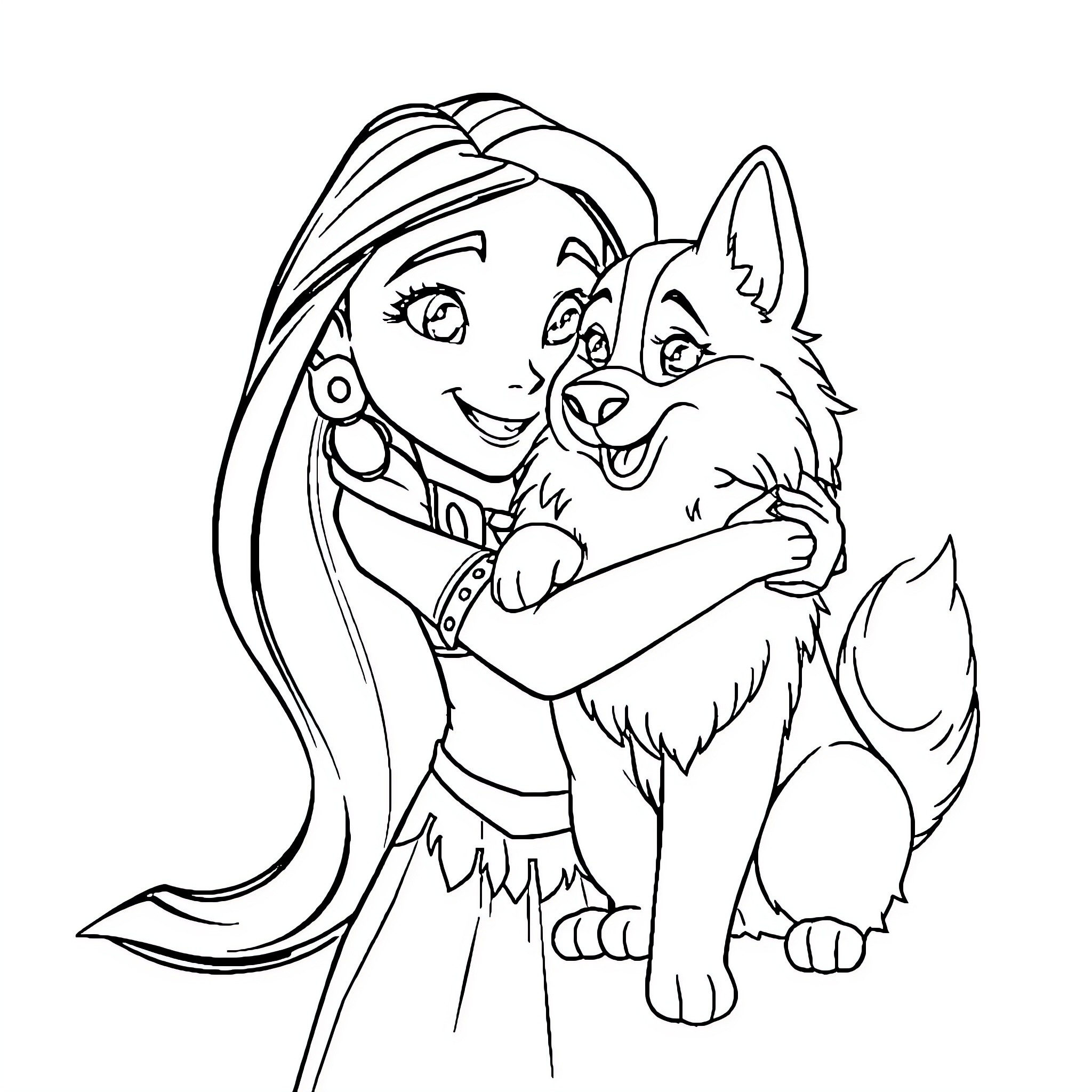 Meeko and the girl embracing happily Coloring Page (free black-and-white line drawing printable PDF for all, from beginners to advanced learners, including children, teens, adults, and seniors)