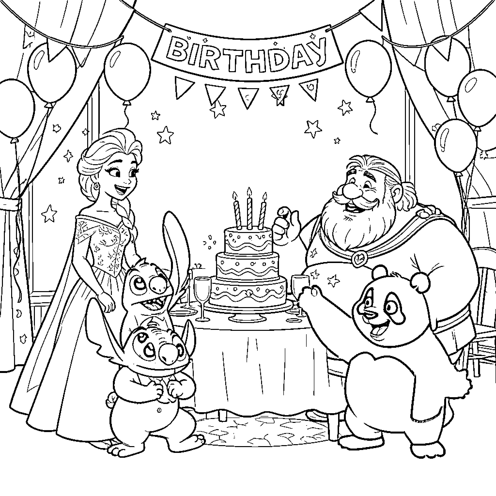 Elsa celebrating a birthday with friends around a cake Coloring Page (free black-and-white line drawing printable PDF for all, from beginners to advanced learners, including children, teens, adults, and seniors)