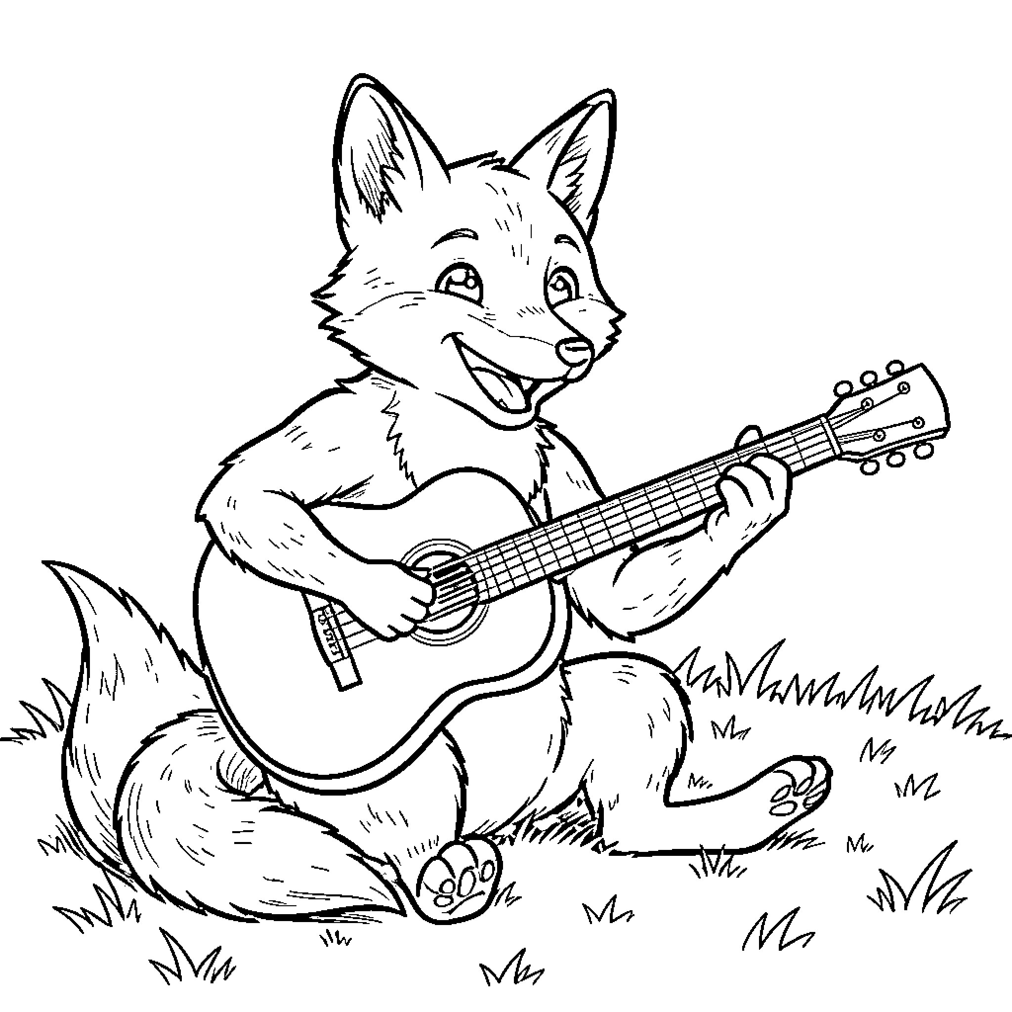 Fox sitting and playing a guitar in the grass Coloring Page (free black-and-white line drawing printable PDF for all, from beginners to advanced learners, including children, teens, adults, and seniors)