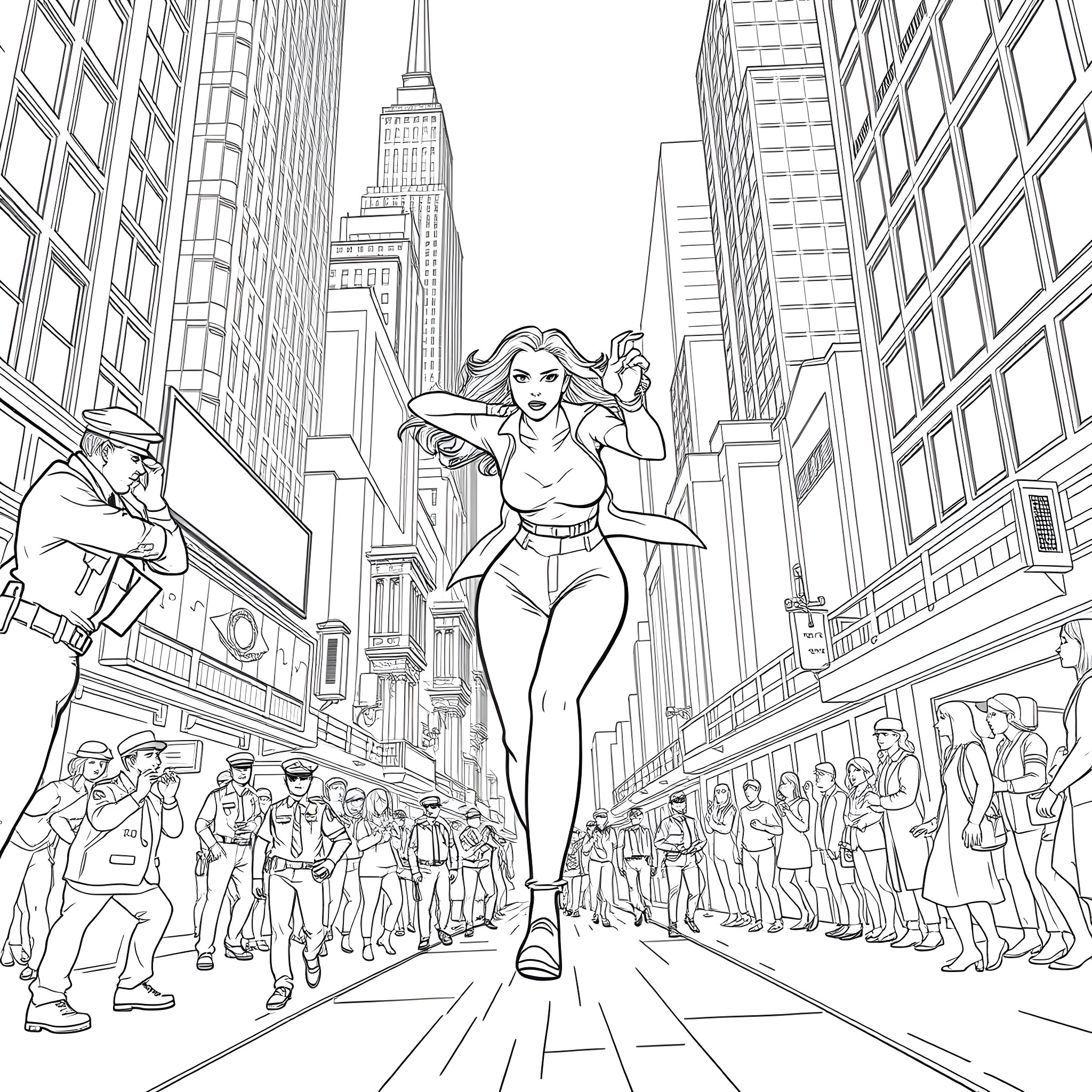 Woman confidently walking through the bustling city streets Coloring Page (free black-and-white line drawing printable PDF for all, from beginners to advanced learners, including children, teens, adults, and seniors)