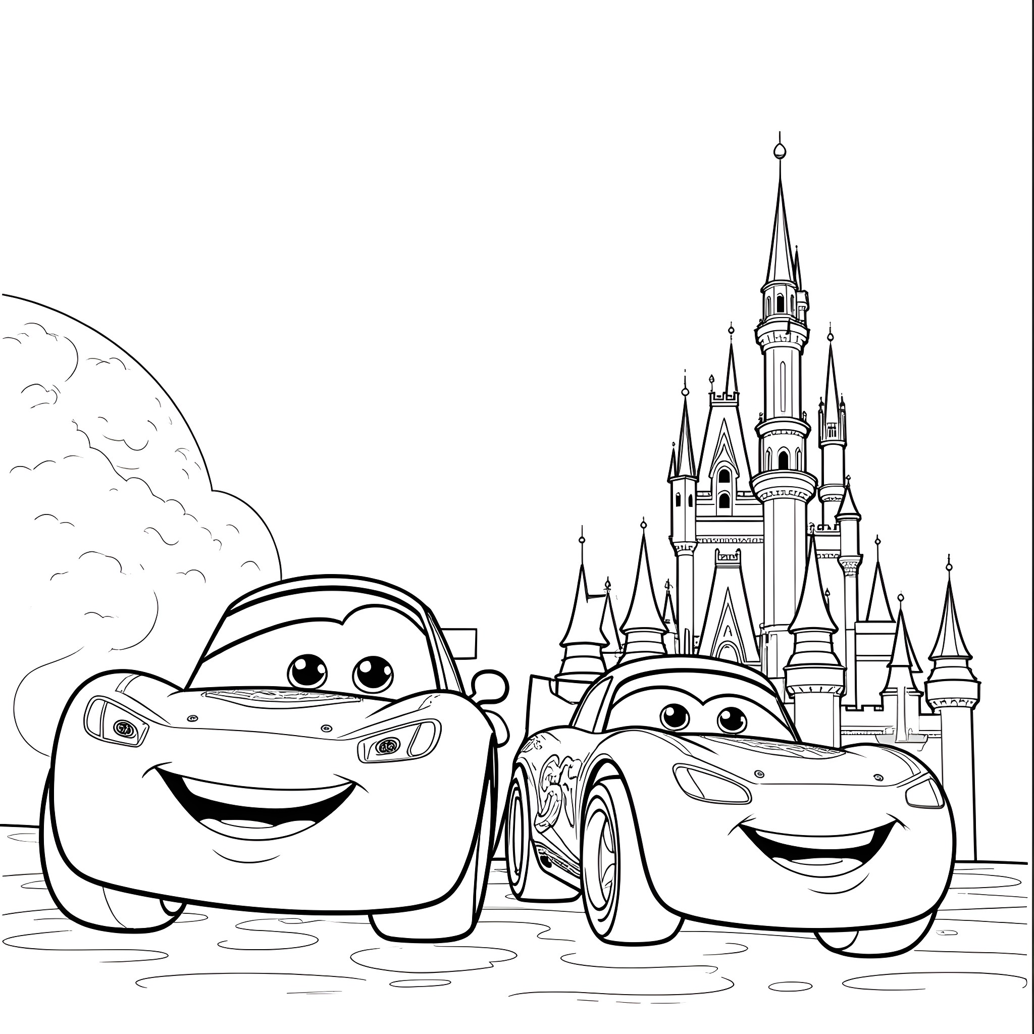 Lightning McQueen and friends explore the Disney castle Coloring Page (free black-and-white line drawing printable PDF for all, from beginners to advanced learners, including children, teens, adults, and seniors)