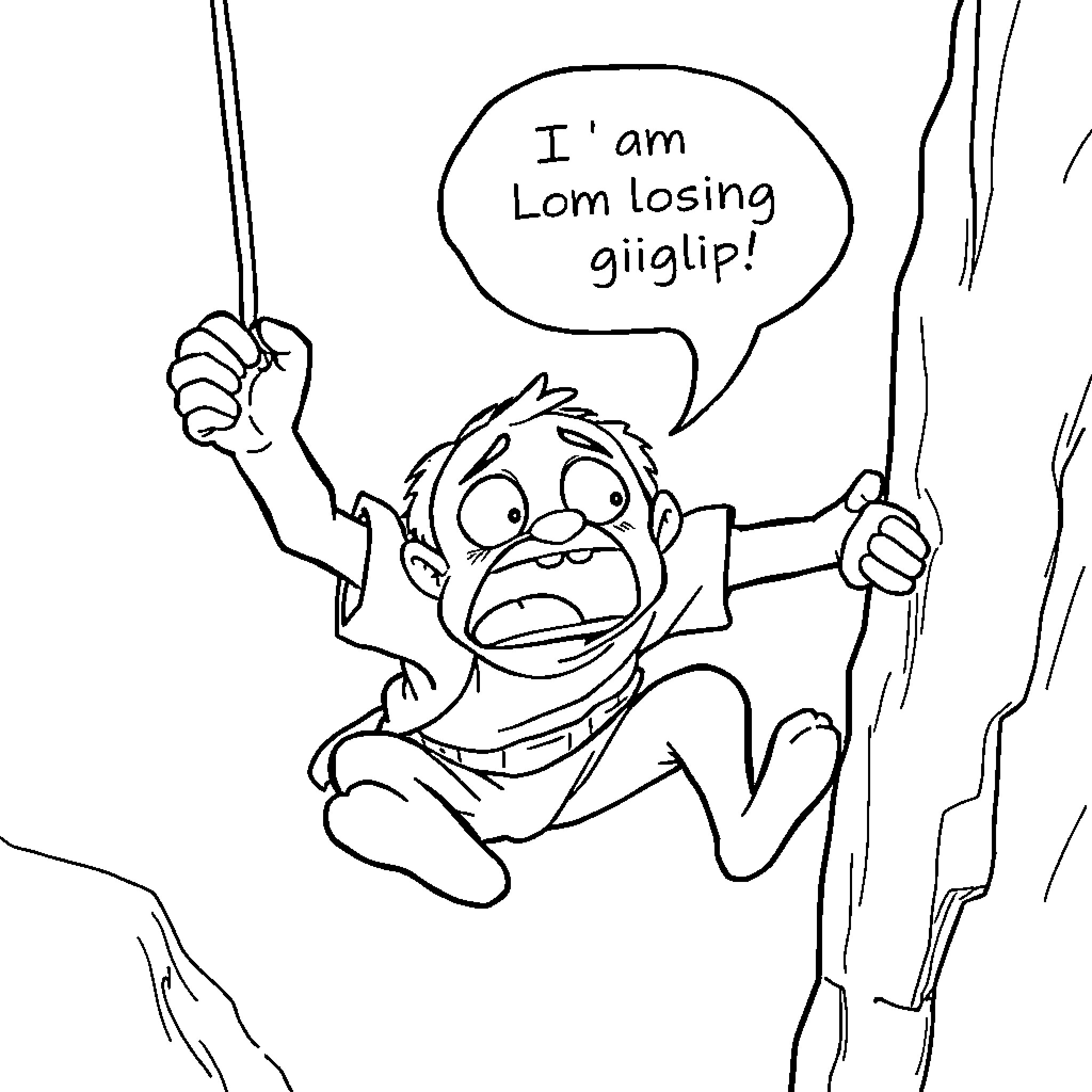 Shadam in distress after losing grip Coloring Page (free black-and-white line drawing printable PDF for all, from beginners to advanced learners, including children, teens, adults, and seniors)