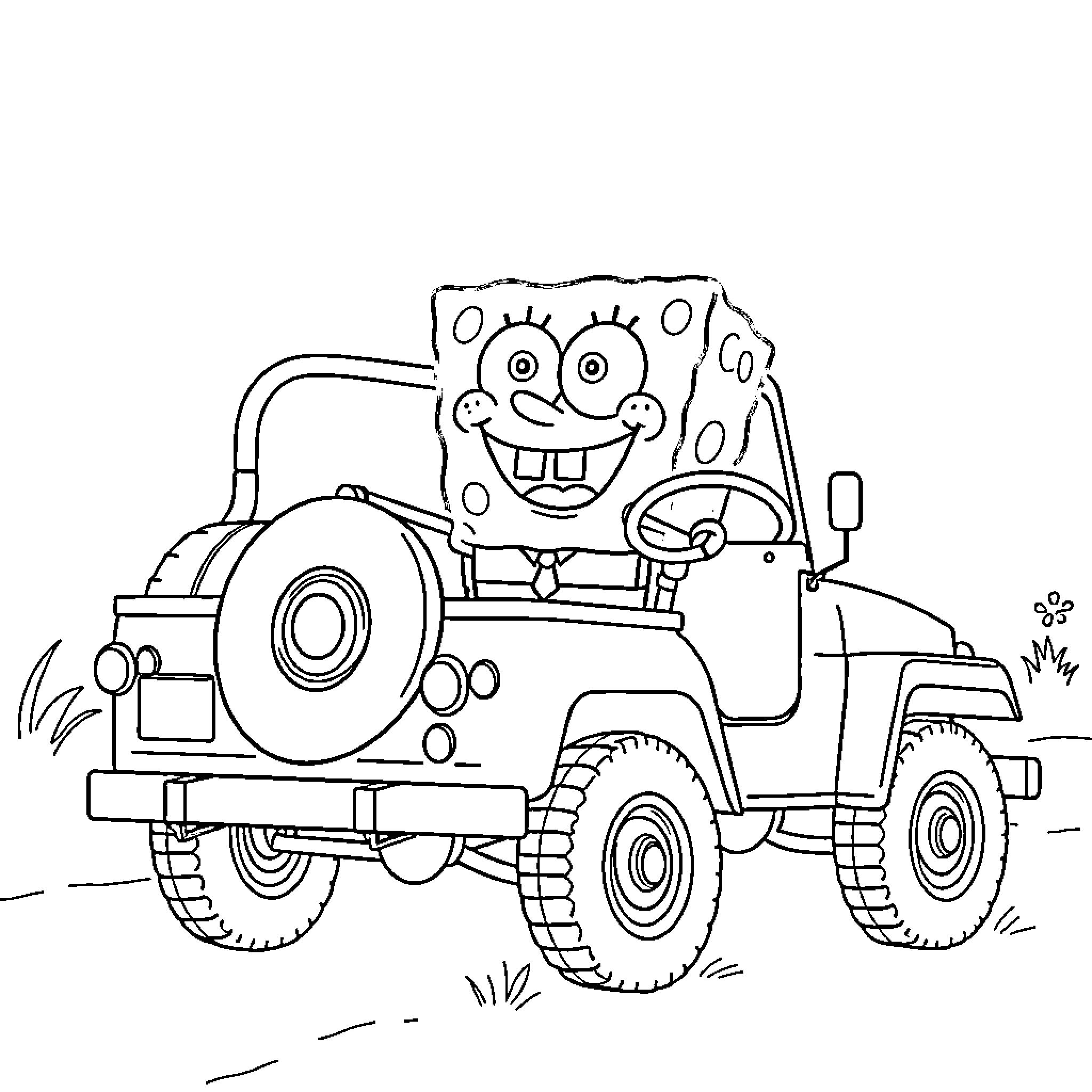 Sponge Bob driving a jeep with a cheerful expression Coloring Page (free black-and-white line drawing printable PDF for all, from beginners to advanced learners, including children, teens, adults, and seniors)