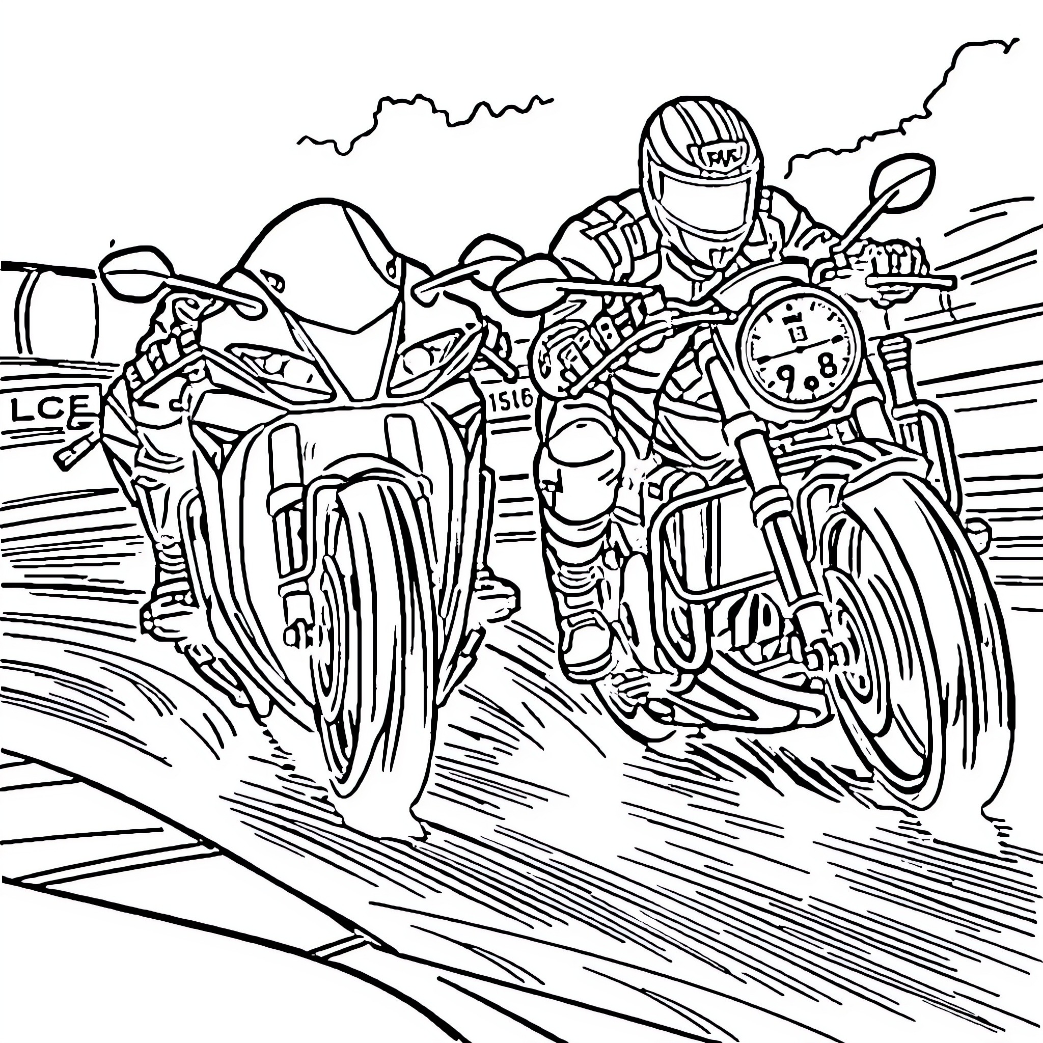 Motorcycle Riders Speeding on the Track Coloring Page (free black-and-white line drawing printable PDF for all, from beginners to advanced learners, including children, teens, adults, and seniors)