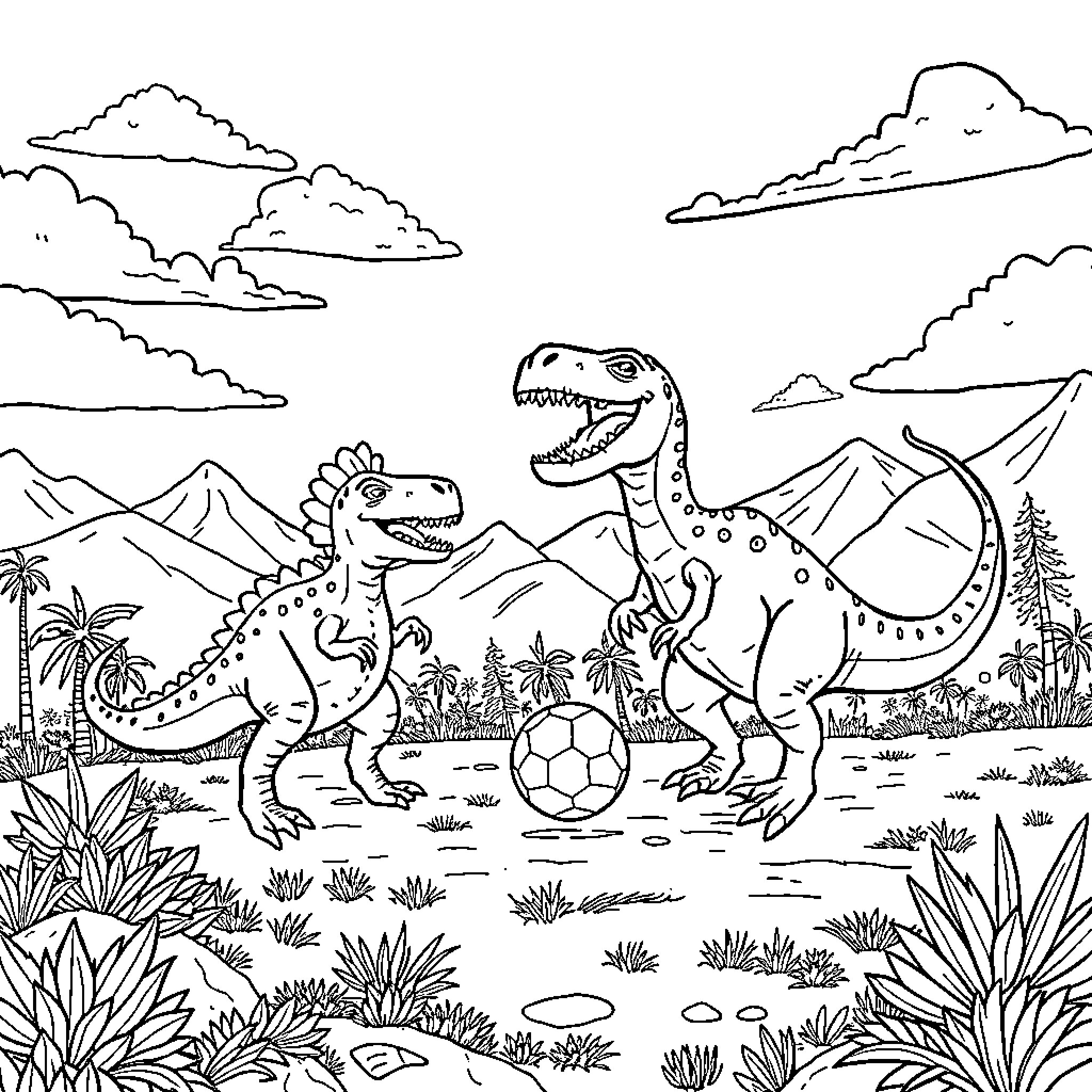 Dinosaurs playing soccer in a tropical landscape Coloring Page (free black-and-white line drawing printable PDF for all, from beginners to advanced learners, including children, teens, adults, and seniors)