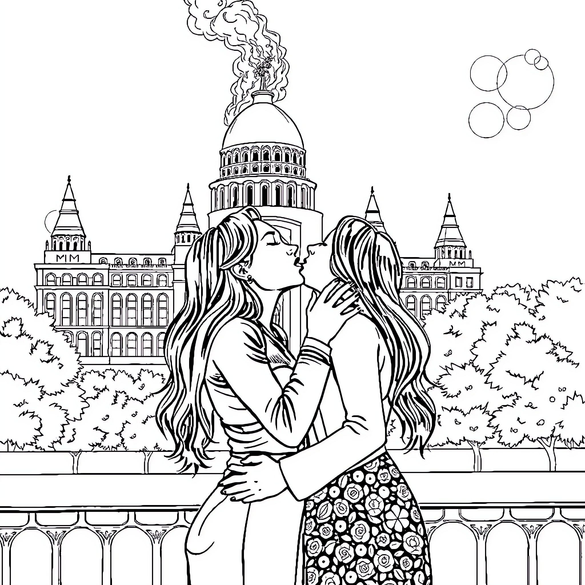 Lady embraces passionately in front of a historic building Coloring Page (free black-and-white line drawing printable PDF for all, from beginners to advanced learners, including children, teens, adults, and seniors)