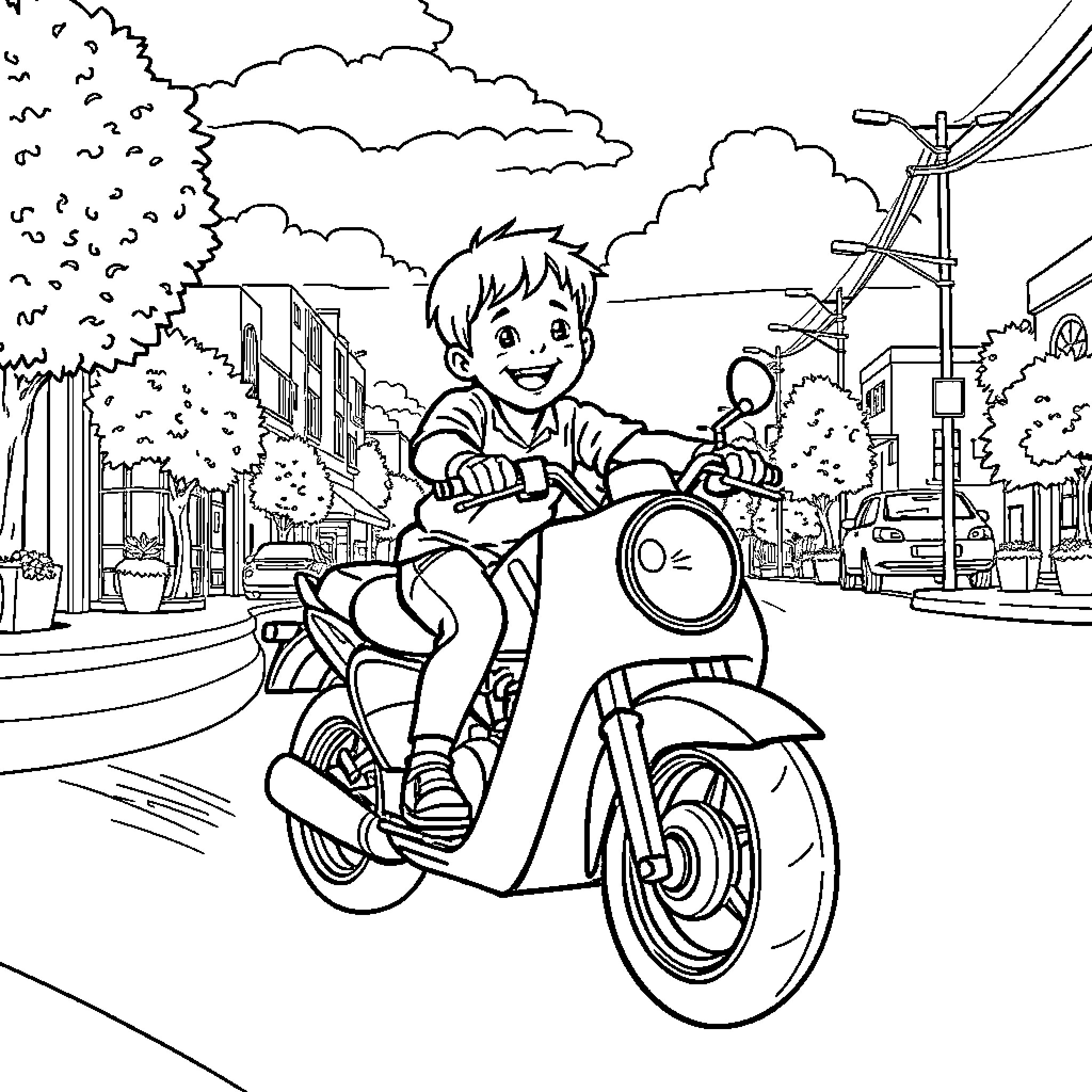 Kid riding a scooter through the city Coloring Page (free black-and-white line drawing printable PDF for all, from beginners to advanced learners, including children, teens, adults, and seniors)