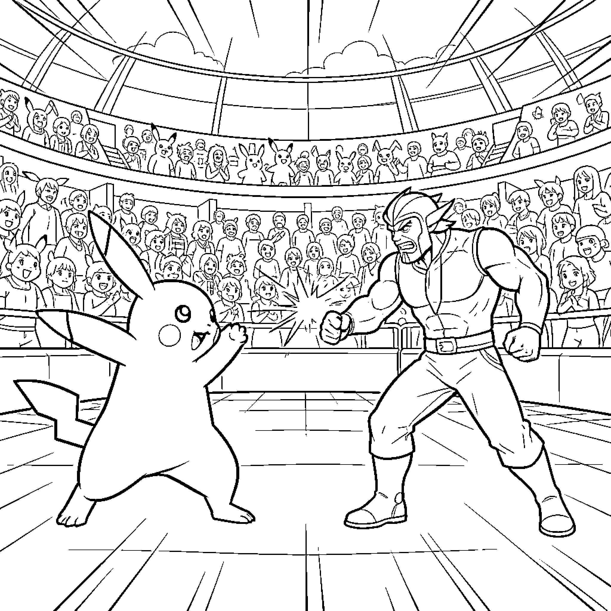 Pikachu battling a powerful fighter in a stadium Coloring Page (free black-and-white line drawing printable PDF for all, from beginners to advanced learners, including children, teens, adults, and seniors)