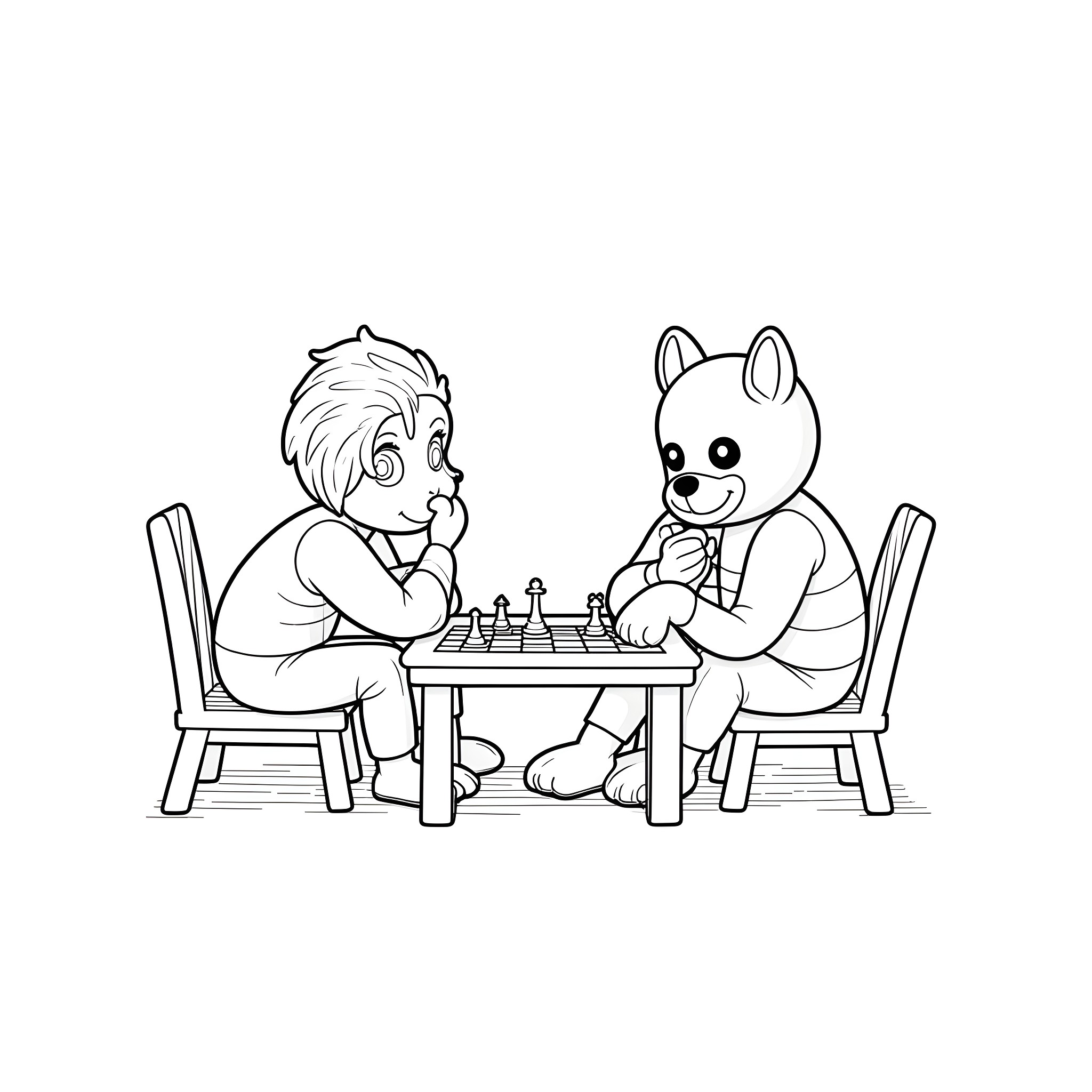 Sun and Moon playing a game of chess Coloring Page (free black-and-white line drawing printable PDF for all, from beginners to advanced learners, including children, teens, adults, and seniors)
