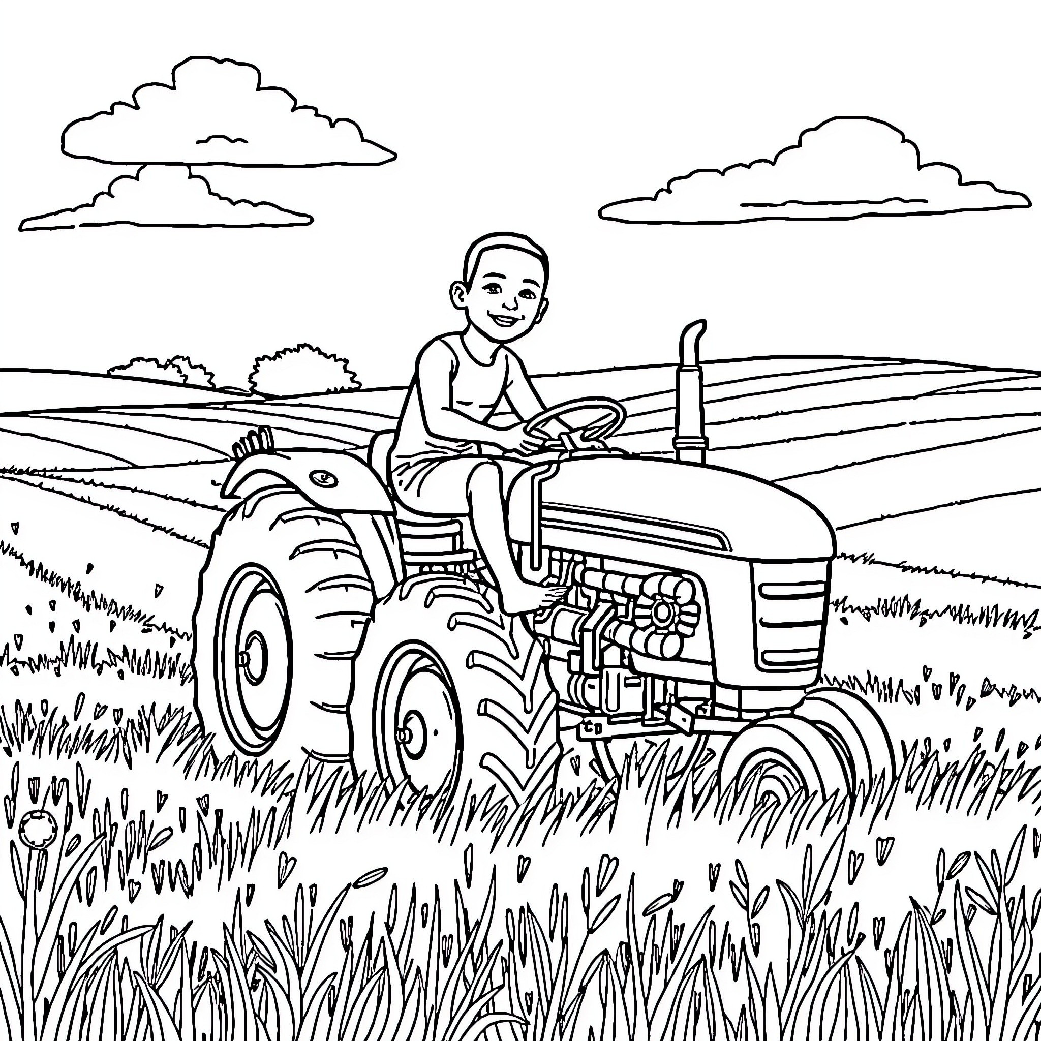 Mbappe enjoying a joyride on a tractor in the countryside Coloring Page (free black-and-white line drawing printable PDF for all, from beginners to advanced learners, including children, teens, adults, and seniors)