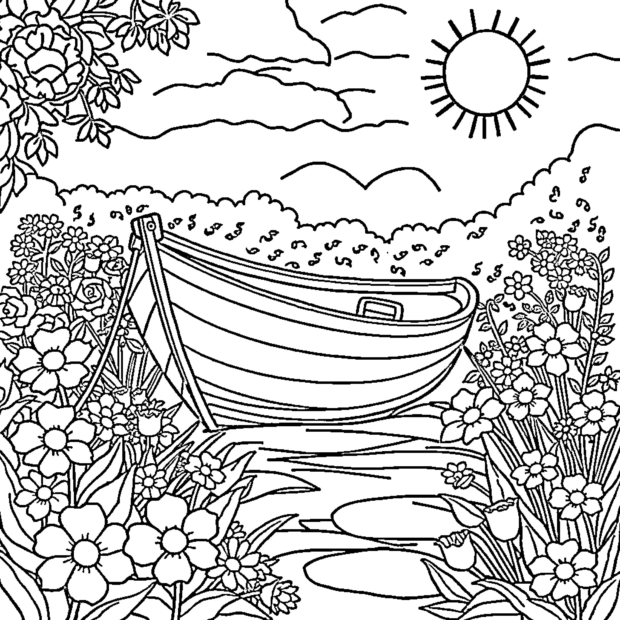 Fishing Boat Resting in Floral Garden Coloring Page (free black-and-white line drawing printable PDF for all, from beginners to advanced learners, including children, teens, adults, and seniors)
