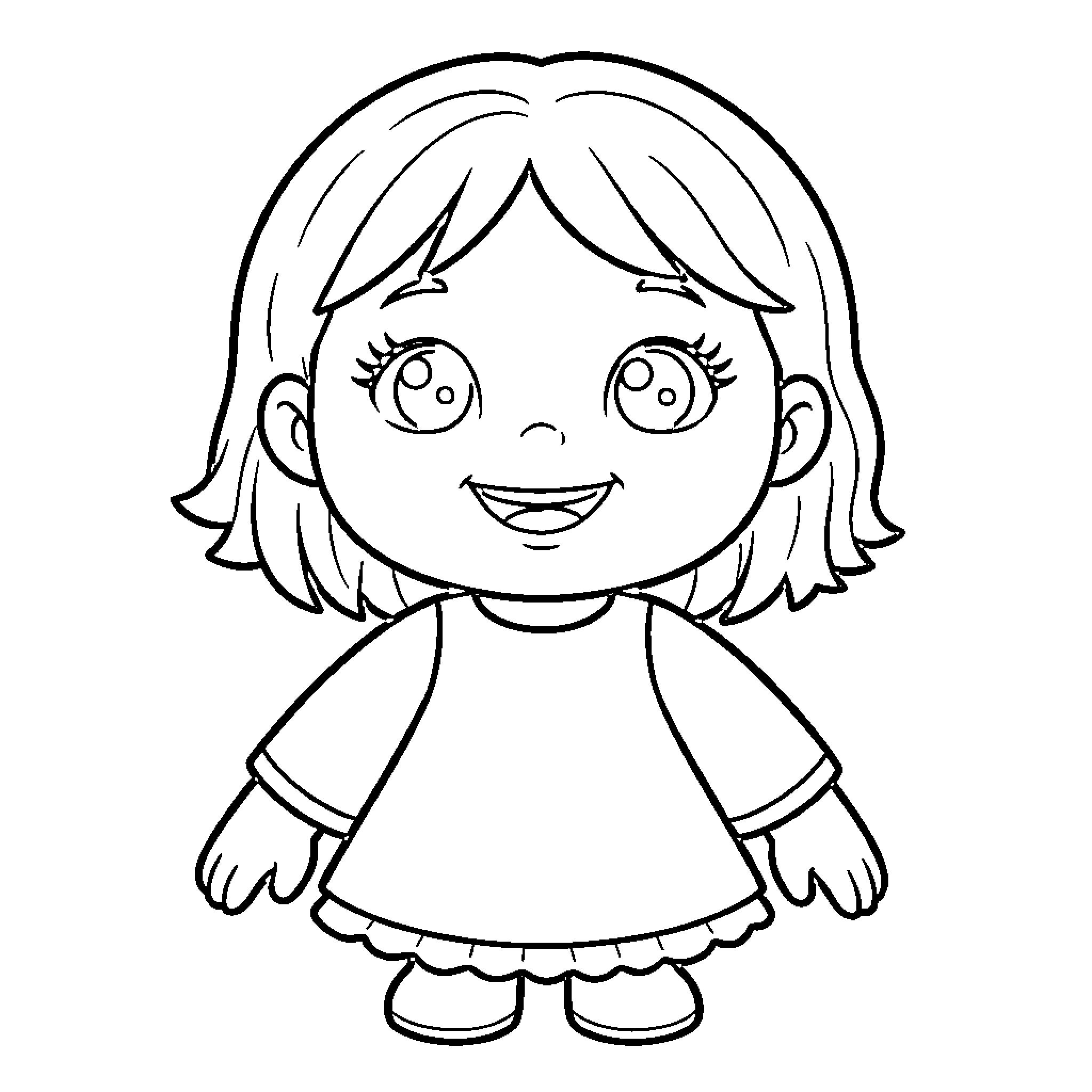 Doll smiling happily in a simple dress Coloring Page (free black-and-white line drawing printable PDF for all, from beginners to advanced learners, including children, teens, adults, and seniors)