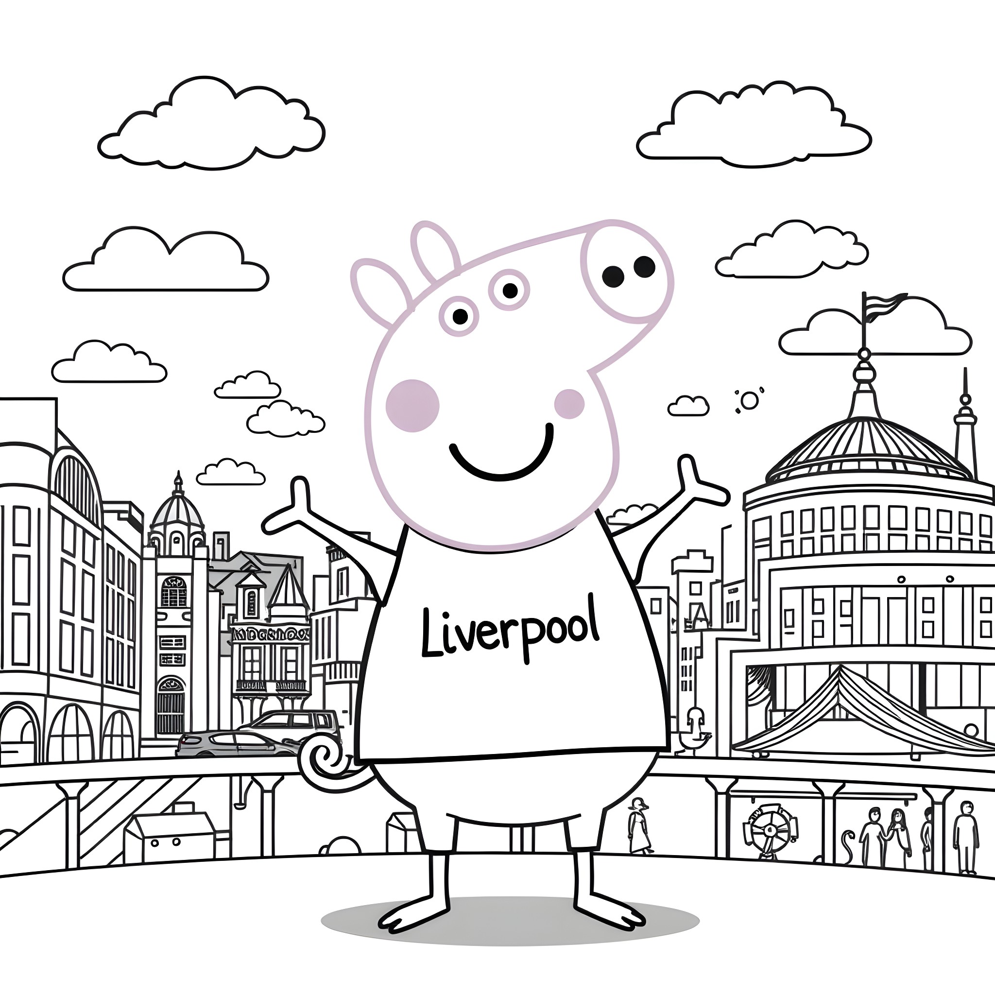 Peppa Pig exploring the city of Liverpool Coloring Page (free black-and-white line drawing printable PDF for all, from beginners to advanced learners, including children, teens, adults, and seniors)