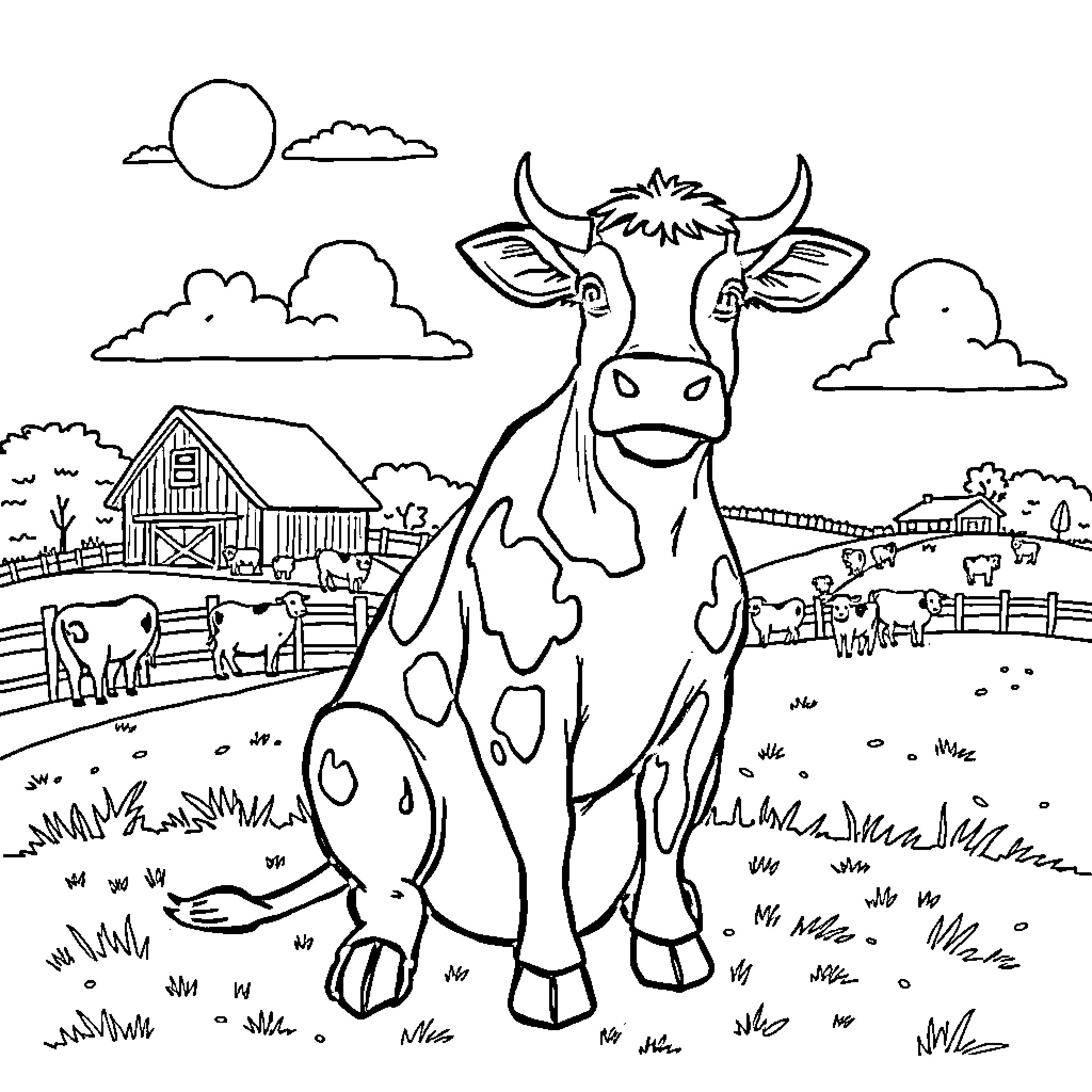 Originalmadcow happy cow on a farm Coloring Page (free black-and-white line drawing printable PDF for all, from beginners to advanced learners, including children, teens, adults, and seniors)