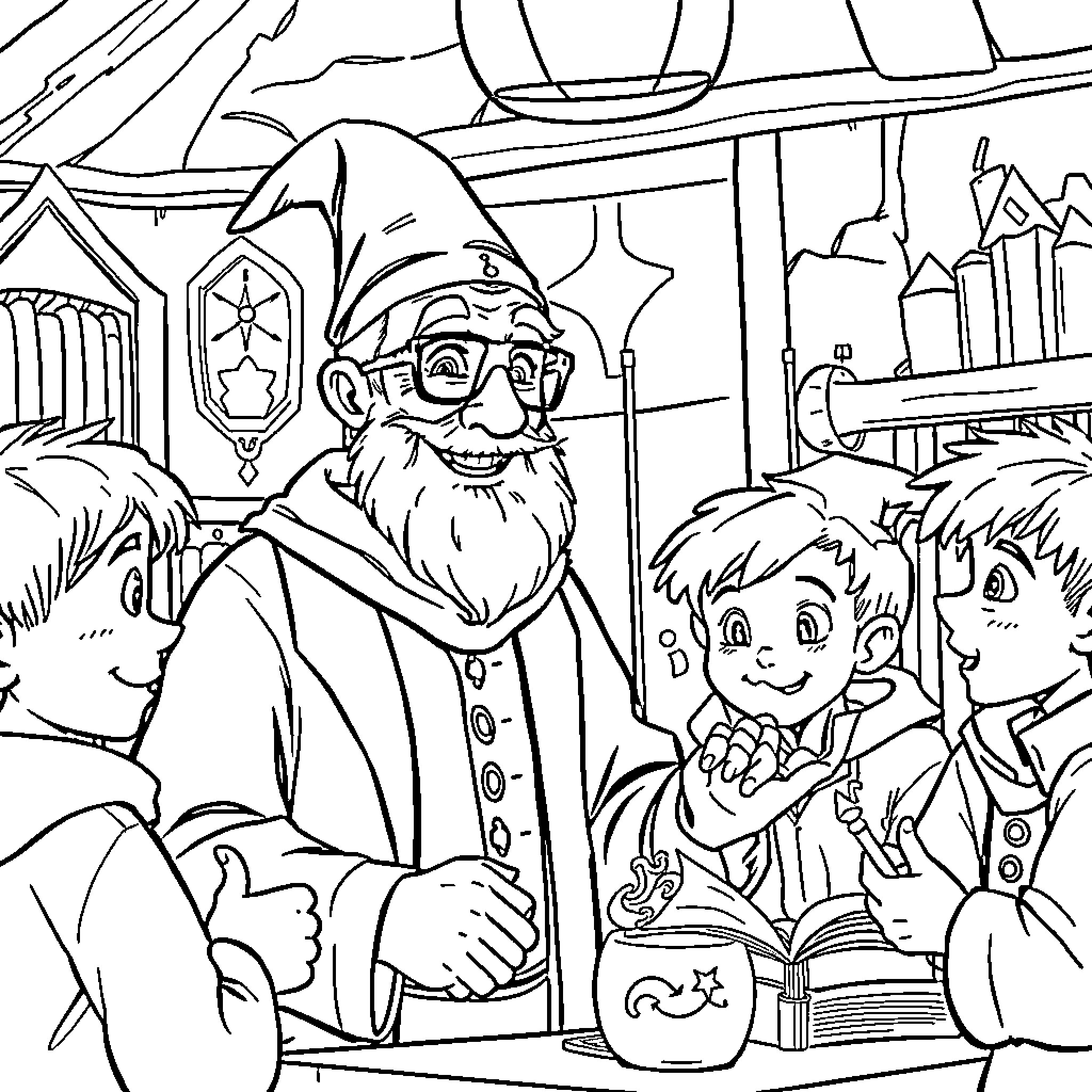 Teacher Guiding Students in a Magical Classroom Coloring Page (free black-and-white line drawing printable PDF for all, from beginners to advanced learners, including children, teens, adults, and seniors)