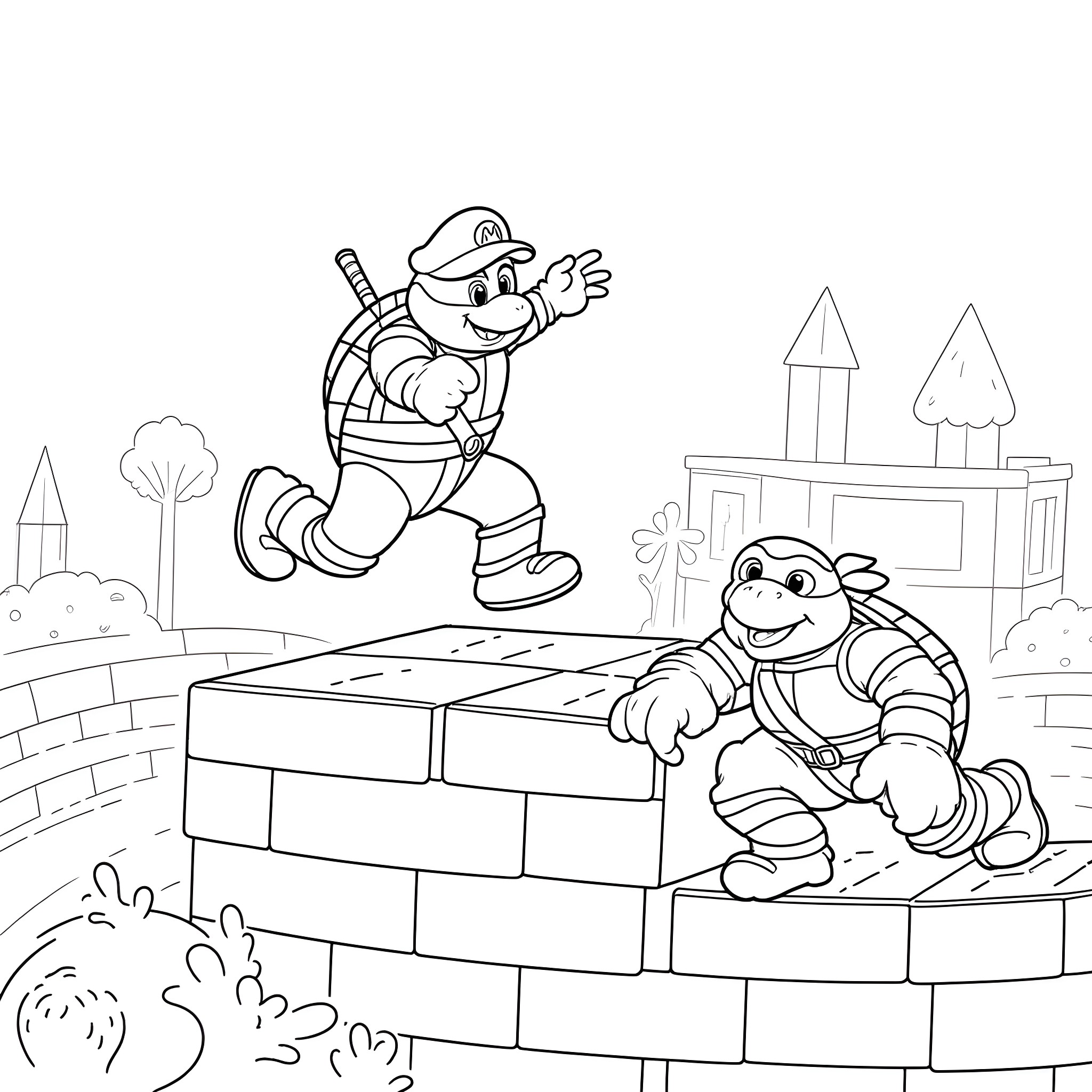 Teenage Mutant Ninja Turtles in Action-Packed Adventure Coloring Page (free black-and-white line drawing printable PDF for all, from beginners to advanced learners, including children, teens, adults, and seniors)