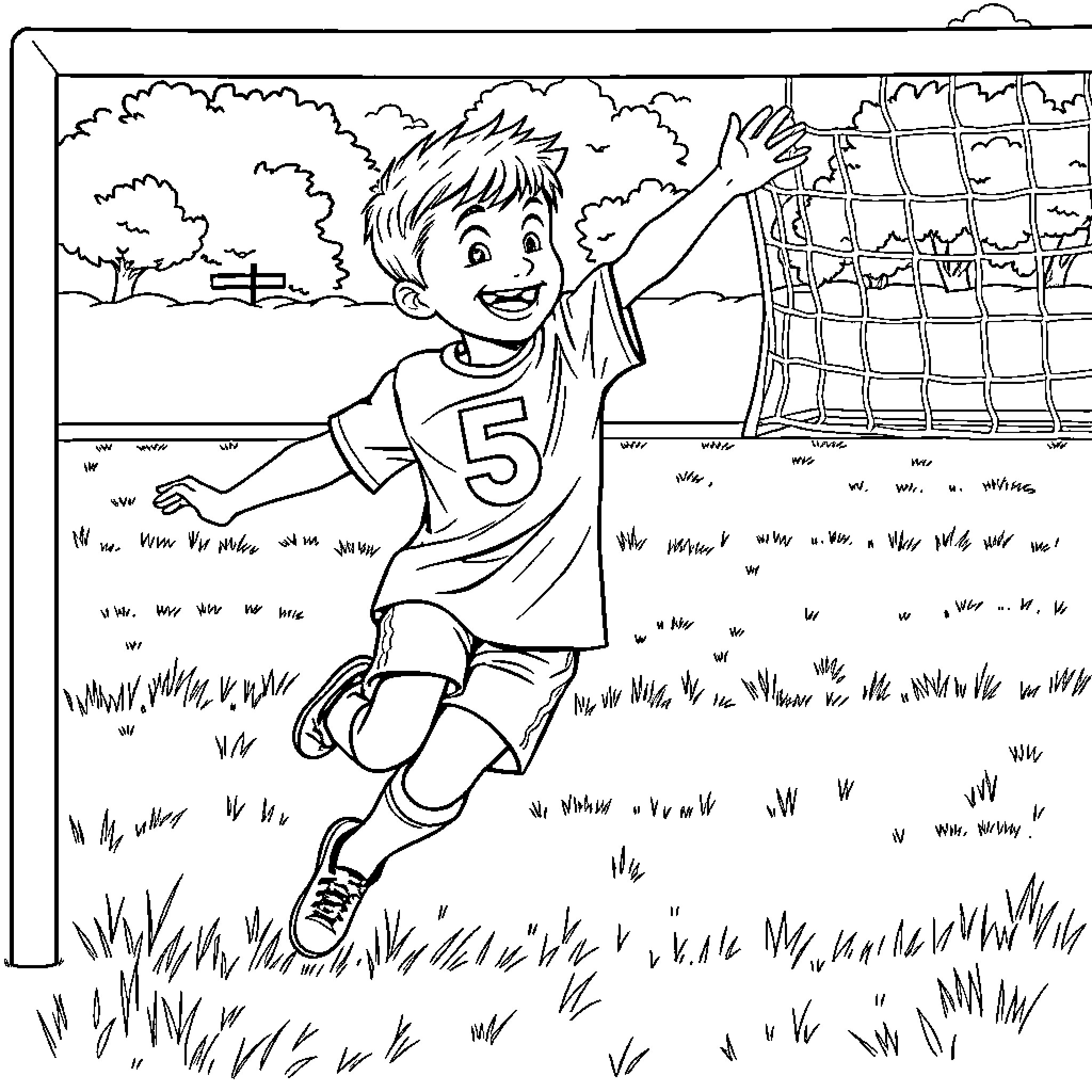 Boy happily playing soccer in outdoor field Coloring Page (free black-and-white line drawing printable PDF for all, from beginners to advanced learners, including children, teens, adults, and seniors)