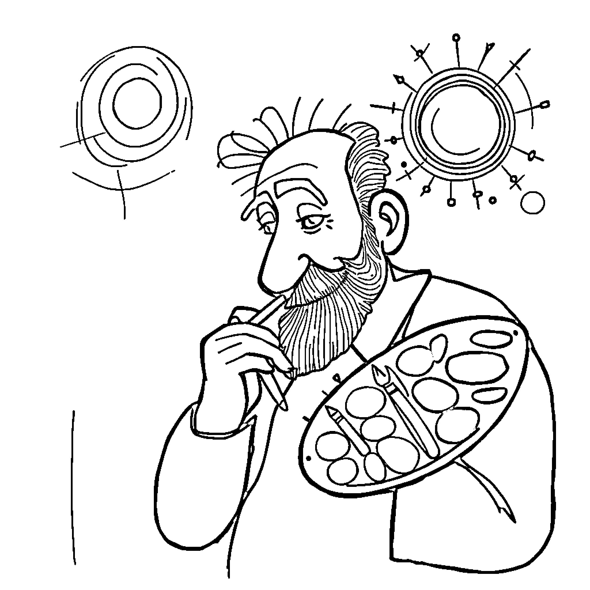 Pintor Contemplating Artistic Inspiration Coloring Page (free black-and-white line drawing printable PDF for all, from beginners to advanced learners, including children, teens, adults, and seniors)