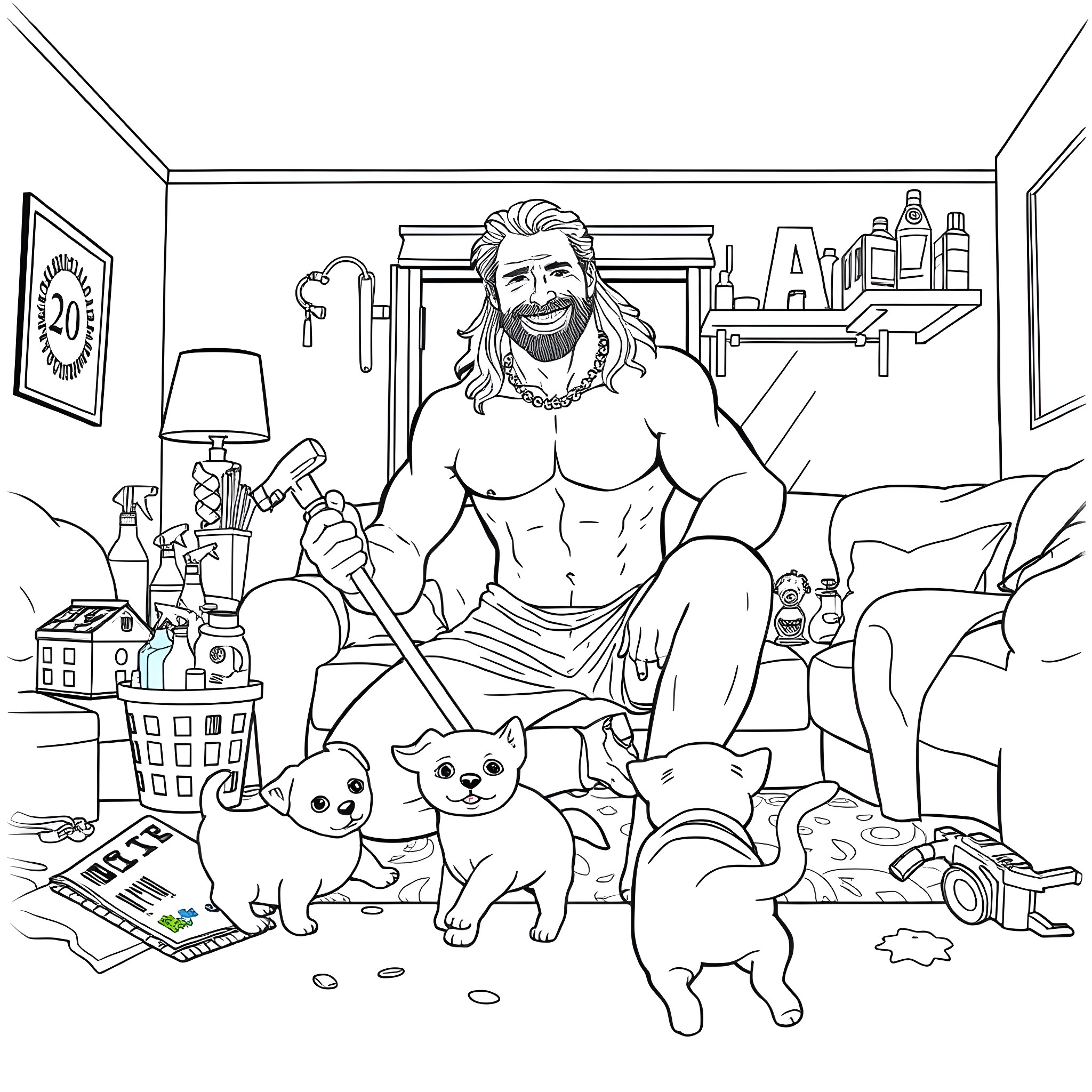 Jason Momoa playing with adorable puppies in his home Coloring Page (free black-and-white line drawing printable PDF for all, from beginners to advanced learners, including children, teens, adults, and seniors)