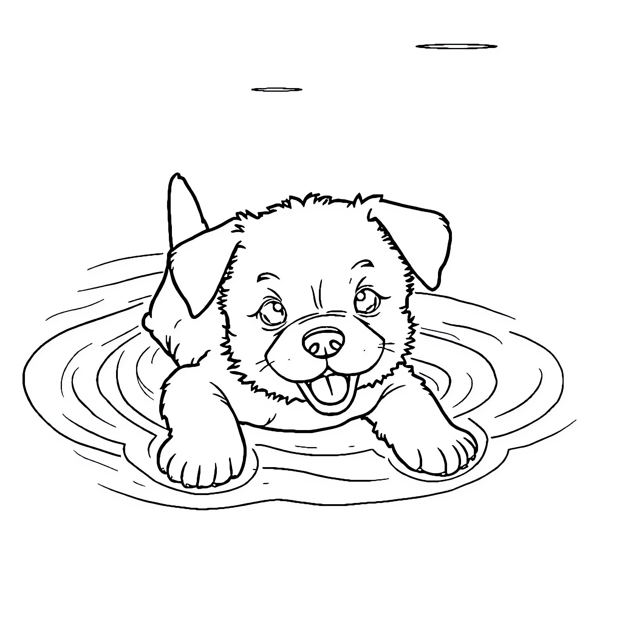 Puppy playing happily in the water Coloring Page (free black-and-white line drawing printable PDF for all, from beginners to advanced learners, including children, teens, adults, and seniors)