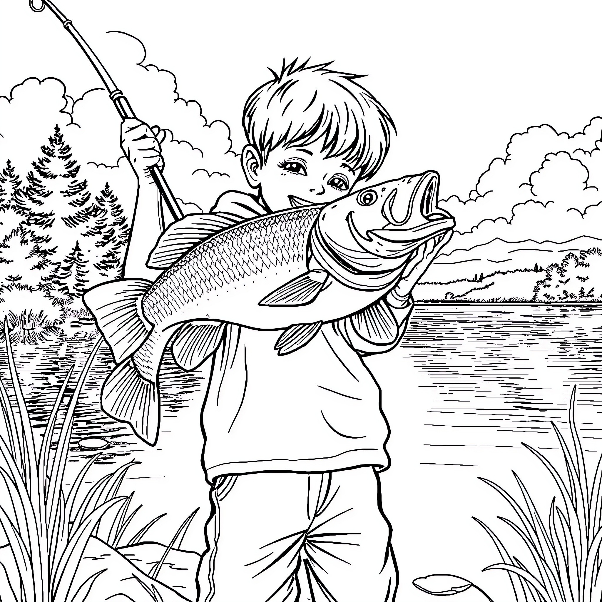 Boy Fishing for Big Catch in Lake Coloring Page (free black-and-white line drawing printable PDF for all, from beginners to advanced learners, including children, teens, adults, and seniors)