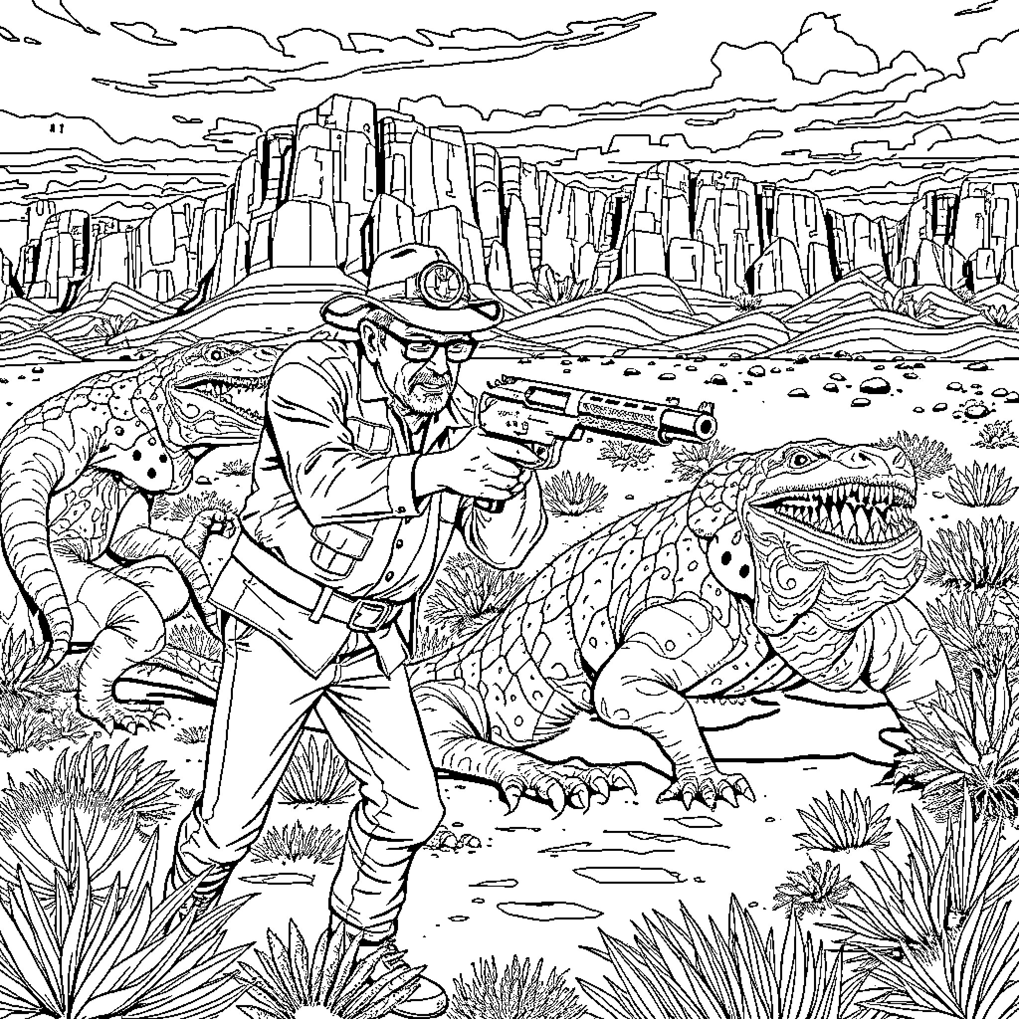 Hunter S. Thompson confronting a desert monster Coloring Page (free black-and-white line drawing printable PDF for all, from beginners to advanced learners, including children, teens, adults, and seniors)