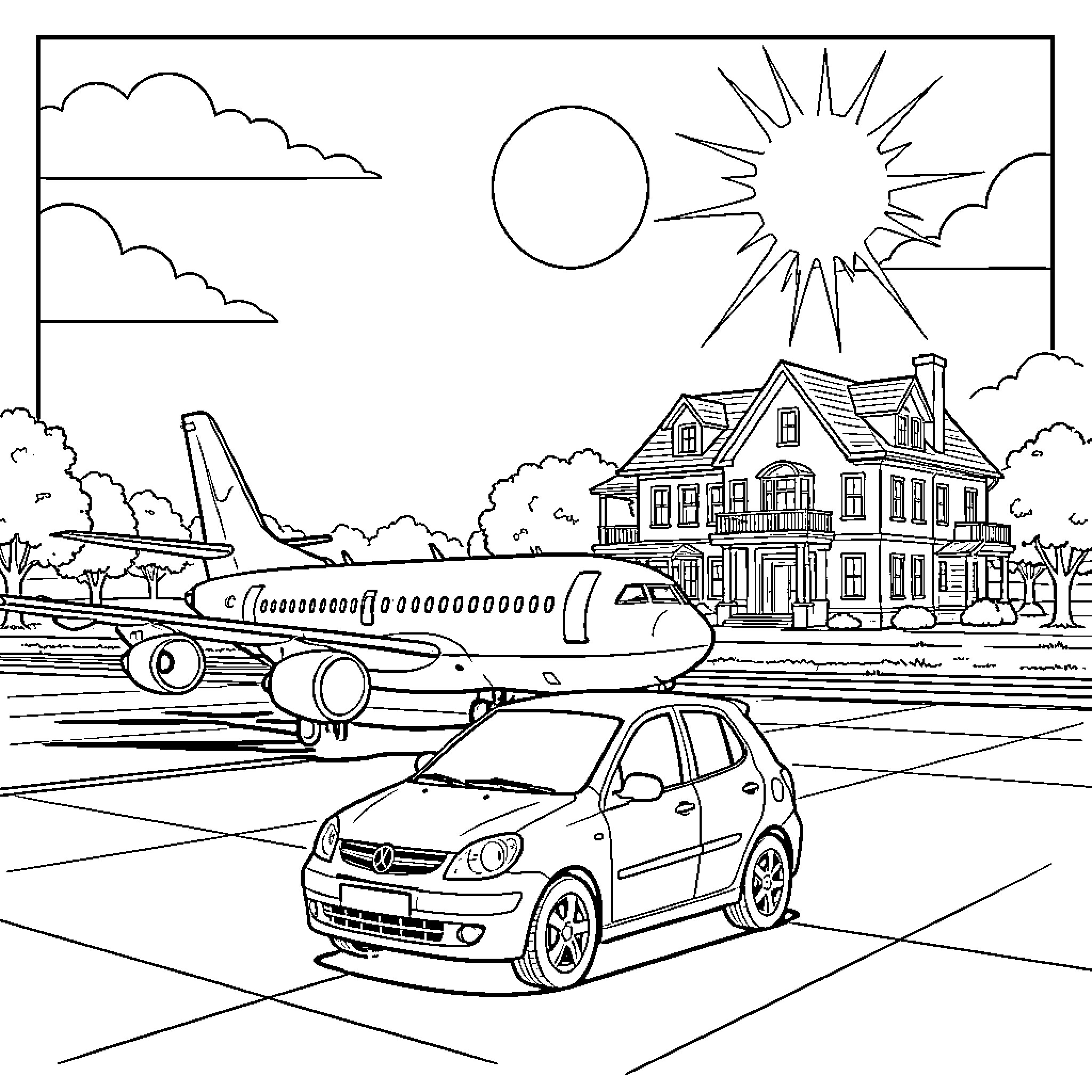 Voiture parked in front of a house and airplane Coloring Page (free black-and-white line drawing printable PDF for all, from beginners to advanced learners, including children, teens, adults, and seniors)