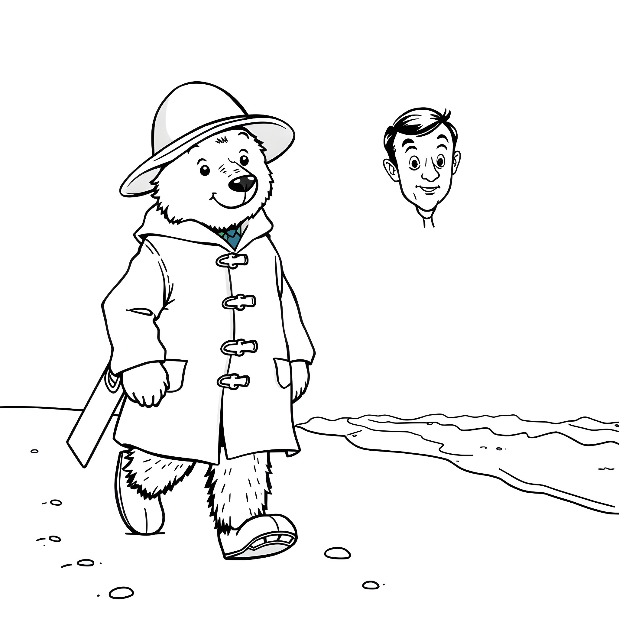 Bear in a coat walking on the beach Coloring Page (free black-and-white line drawing printable PDF for all, from beginners to advanced learners, including children, teens, adults, and seniors)