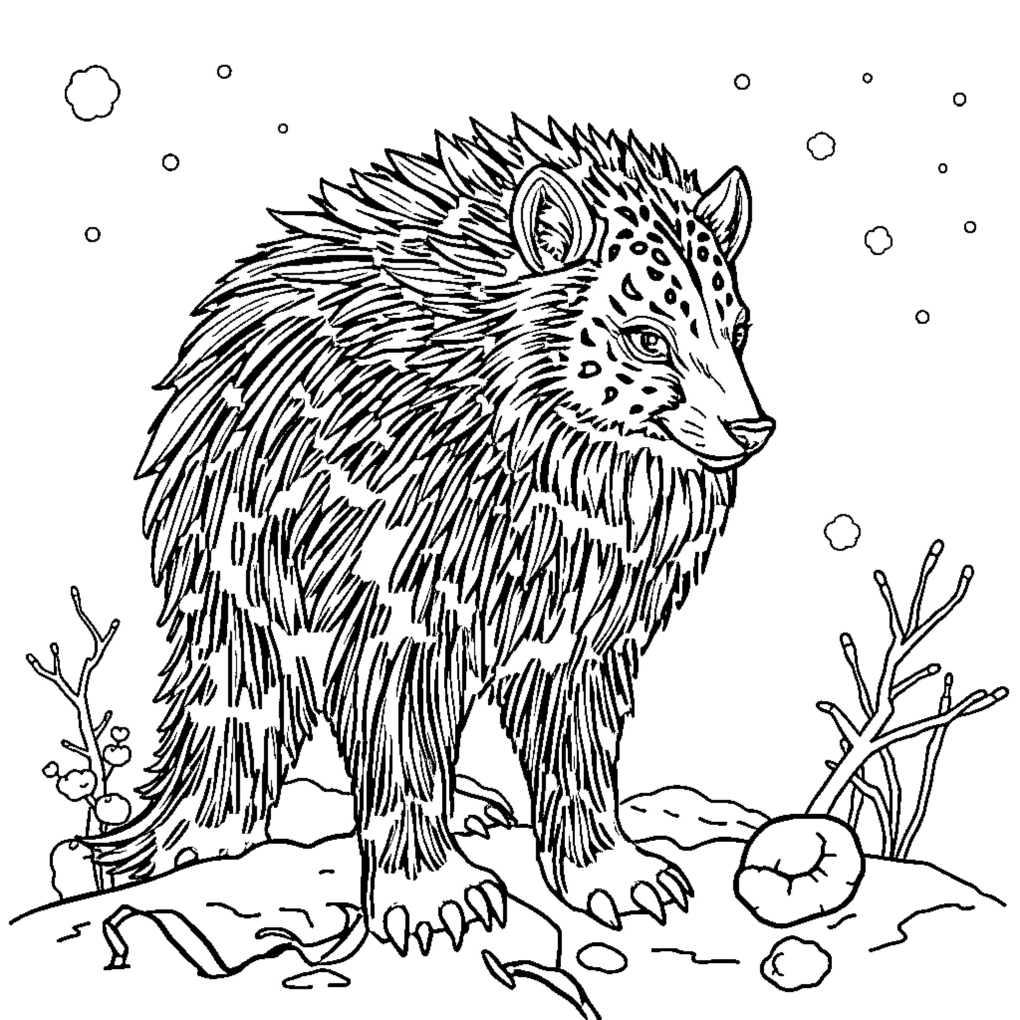 Zając standing firm in the snowy landscape Coloring Page (free black-and-white line drawing printable PDF for all, from beginners to advanced learners, including children, teens, adults, and seniors)