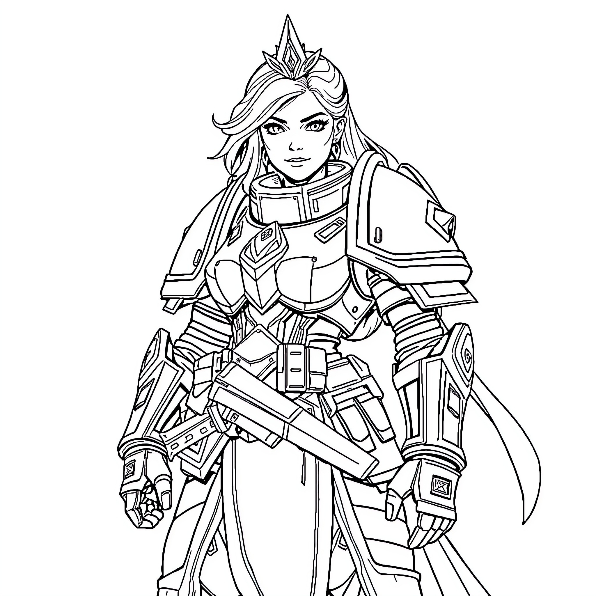 Princess in Futuristic Warrior Armor Coloring Page (free black-and-white line drawing printable PDF for all, from beginners to advanced learners, including children, teens, adults, and seniors)