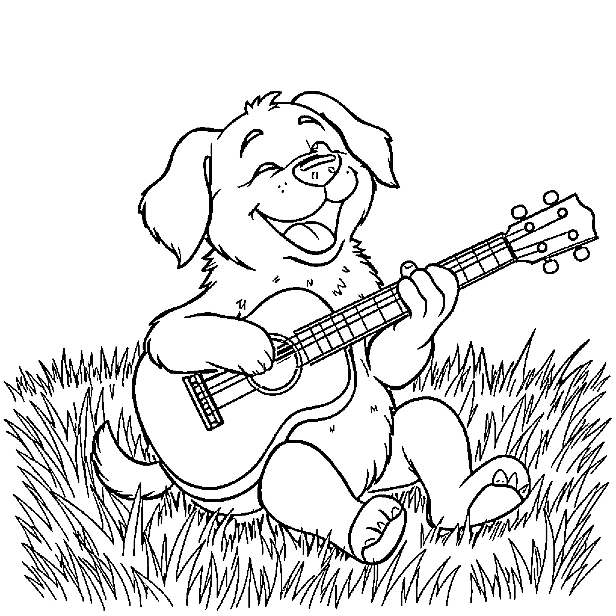 Dog playing guitar in the grass Coloring Page (free black-and-white line drawing printable PDF for all, from beginners to advanced learners, including children, teens, adults, and seniors)