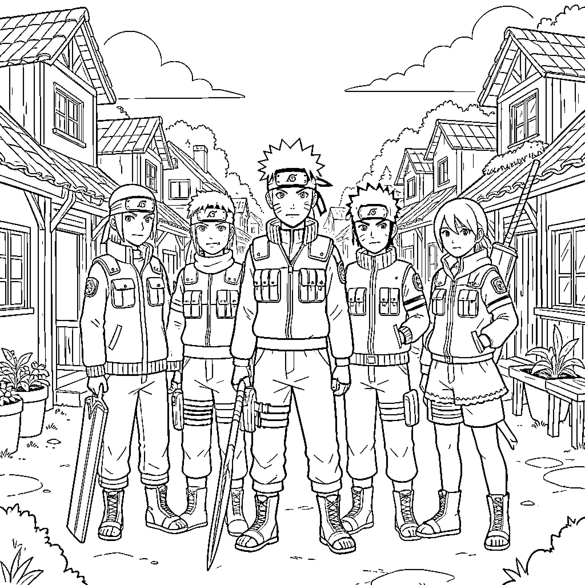 Naruto and companions standing together in a village street Coloring Page (free black-and-white line drawing printable PDF for all, from beginners to advanced learners, including children, teens, adults, and seniors)
