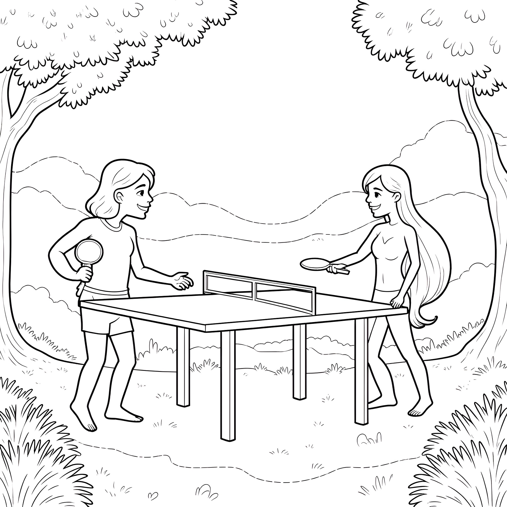 Adam and Eve playing ping-pong in the garden Coloring Page (free black-and-white line drawing printable PDF for all, from beginners to advanced learners, including children, teens, adults, and seniors)