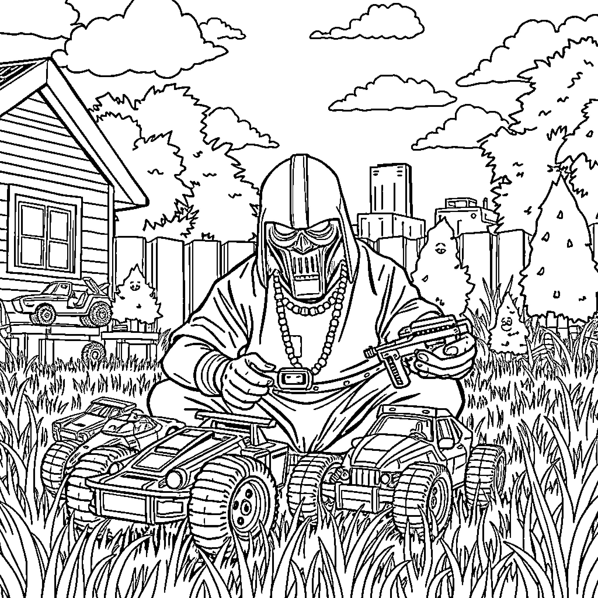 MF DOOM sitting on ATV in a grassy field Coloring Page (free black-and-white line drawing printable PDF for all, from beginners to advanced learners, including children, teens, adults, and seniors)