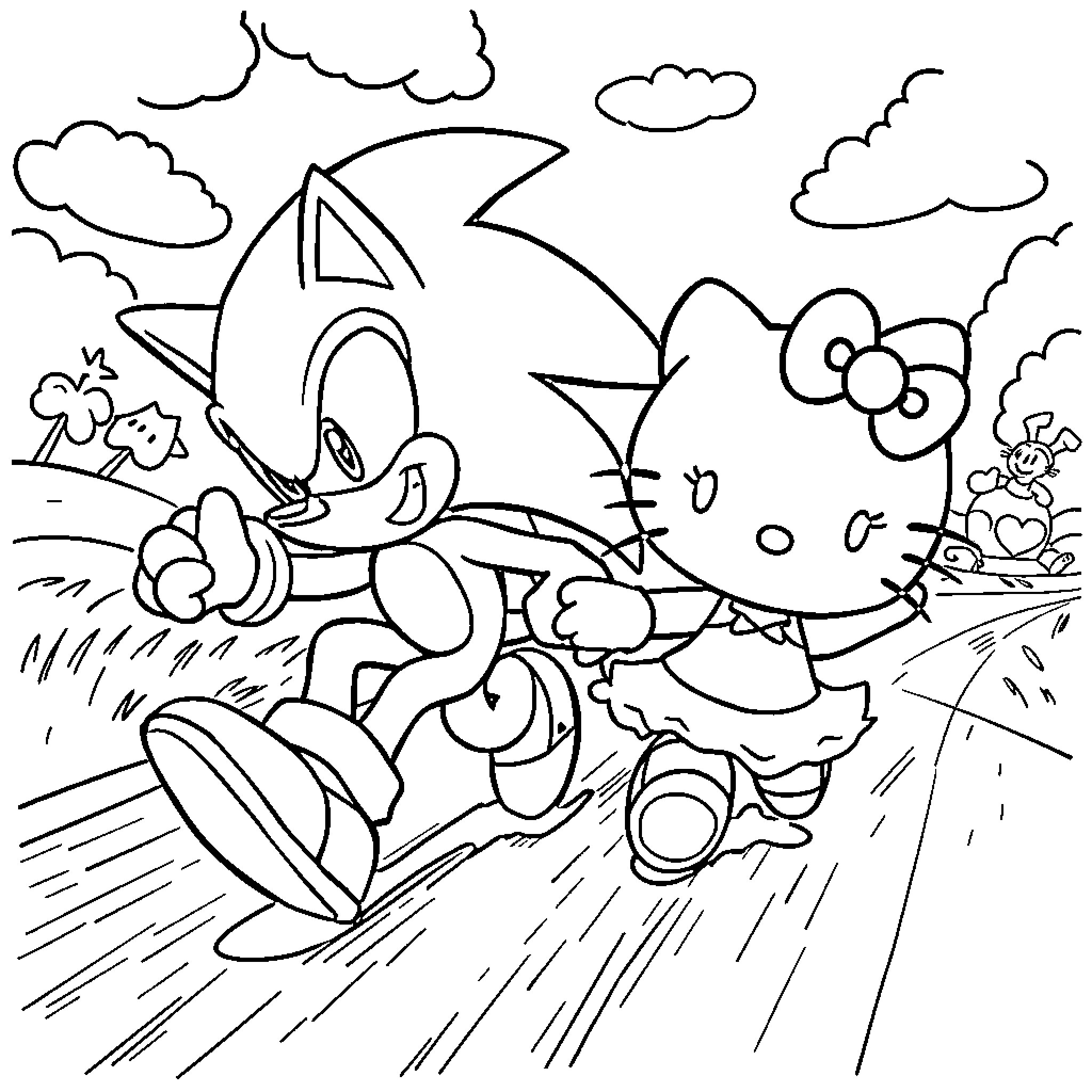Sonic and Friends in a Lively Outdoor Scene Coloring Page (free black-and-white line drawing printable PDF for all, from beginners to advanced learners, including children, teens, adults, and seniors)