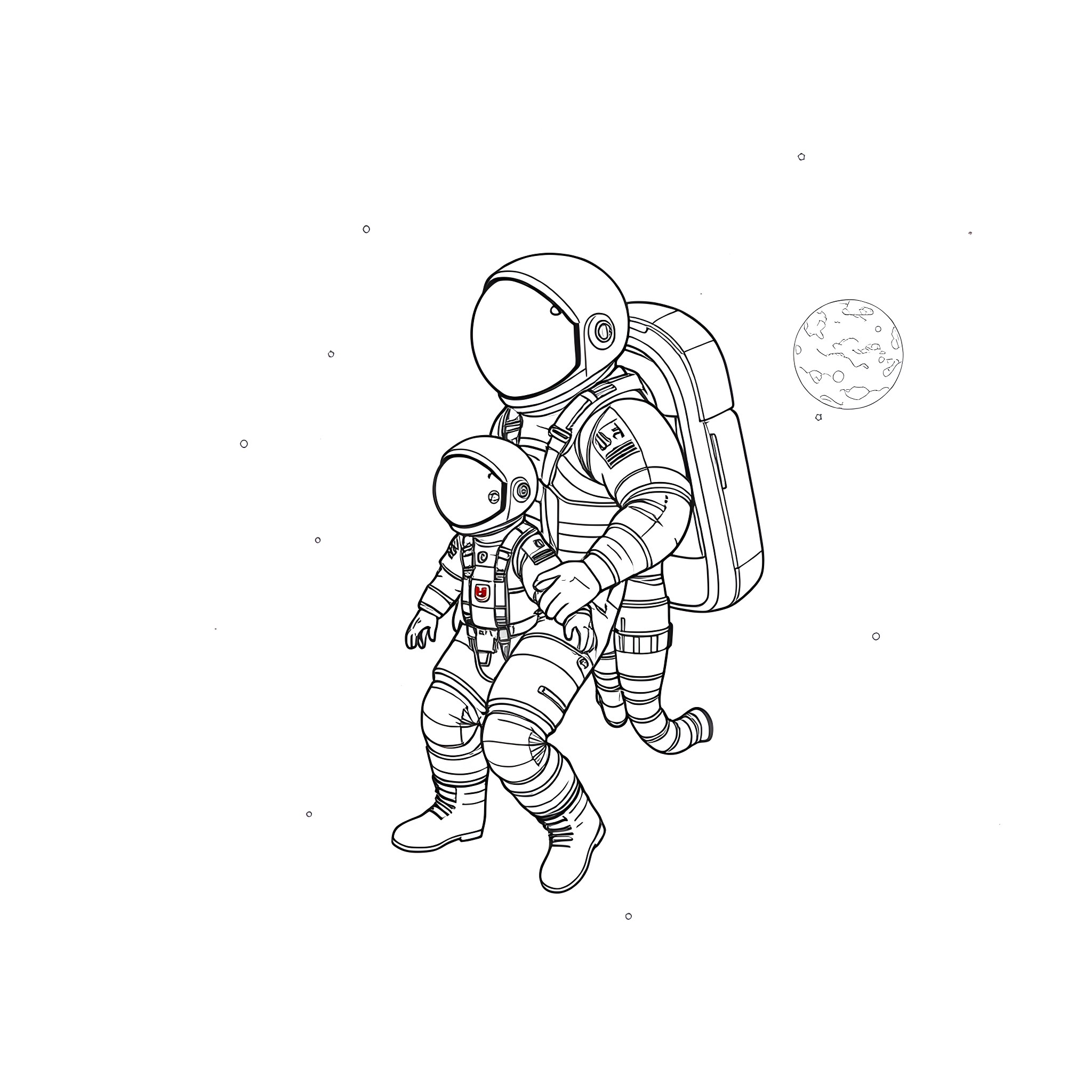 Astronaut exploring the vastness of space Coloring Page (free black-and-white line drawing printable PDF for all, from beginners to advanced learners, including children, teens, adults, and seniors)